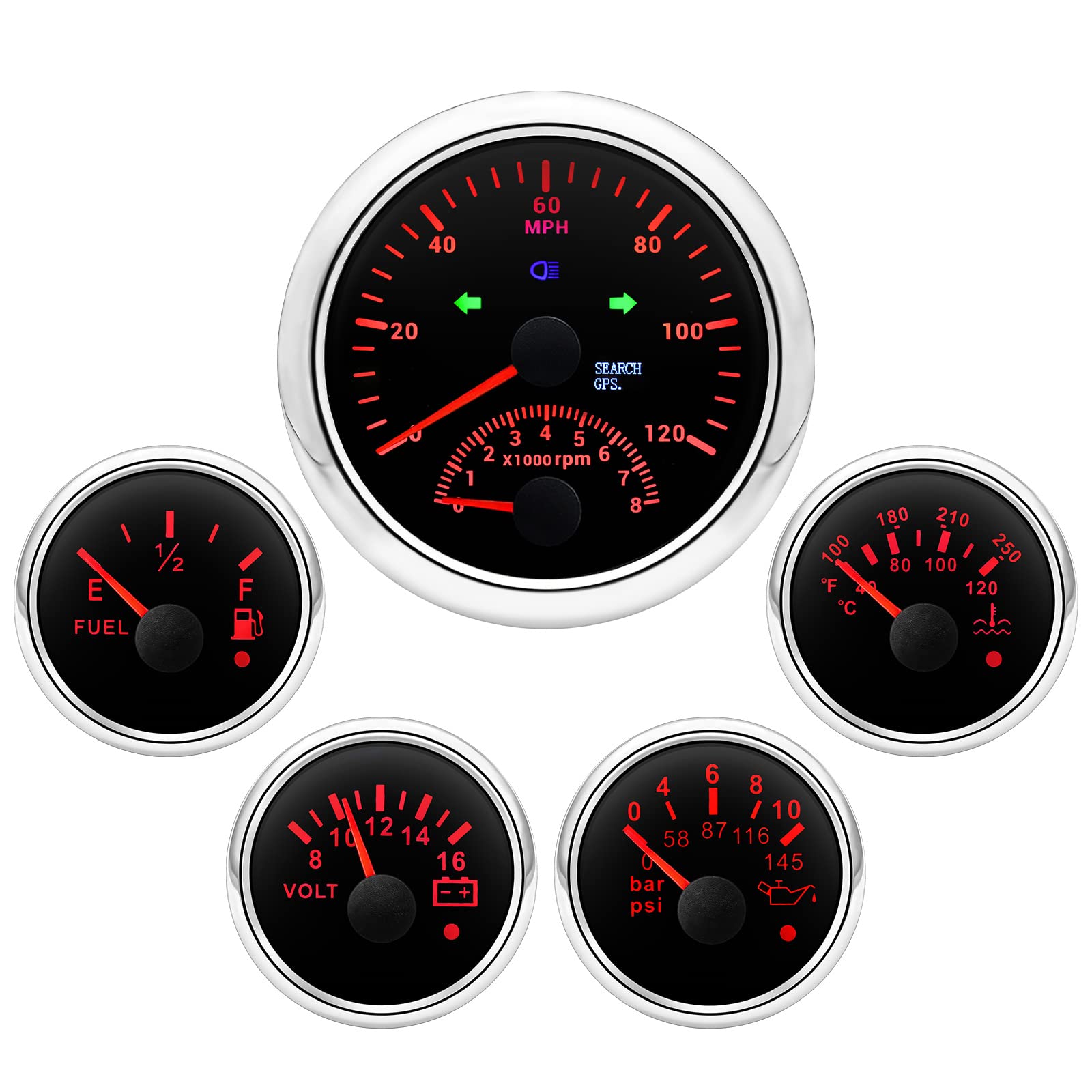 ARTILAURA 5 Gauge Set 3-3/8" 85mm GPS Speedometer with Tachometer, 2-1/16" Fuel Level Gauge, Water Temperature Gauge, Oil Pressure Gauge, Voltage Boat