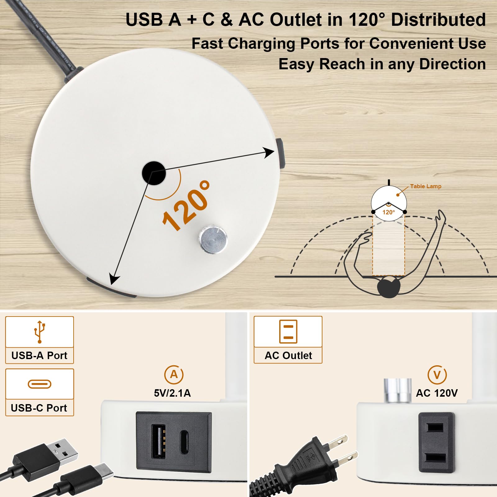 LTBLIGHT Nachttischlampe mit USB-Anschluss und AC-Steckdose, 3-fach dimmbar, Nachttisch-Schreibtischlampe, kleine Lampe, weißer Sockel, runder Flachsstoffschirm für Wohnzimmer, Schreibtisch (7 W, 800