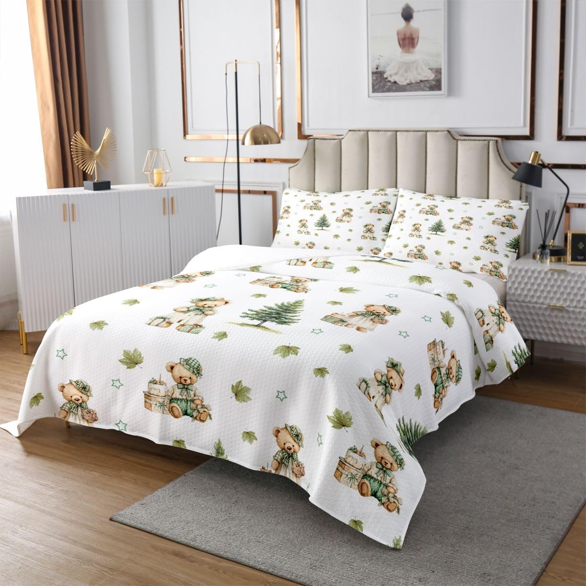 Homewish Princess Bears Quilt Sets Queen Size,Coquette Girly Bedspread 3Pcs for Kids Teens Youth Room Decor,Green Maple Leaf Bedding Sets Cartoon Cakes Gifts Coverlet,2 Pillowcases