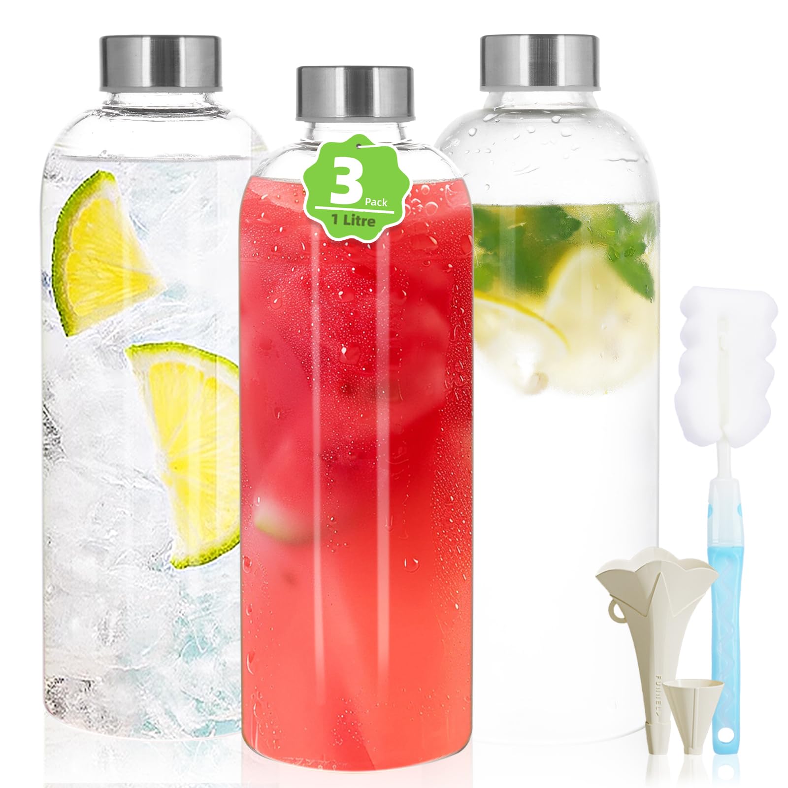 UCAMP Lot De 6 Bouteilles D'Eau En Verre 500 Ml – Réutilisables, Étanches, Avec Bouchon En Acier Inoxydable Et Brosse De Nettoyage – Idéales Pour Jus, Smoothies, Café