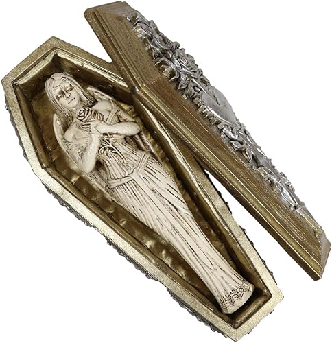 Ebros Gift Vampiress Drácula Queen Novia Nestafaria Figura con diseño floral de corazón espada esculpida ataúd decorativo joyero de descanso en paz
