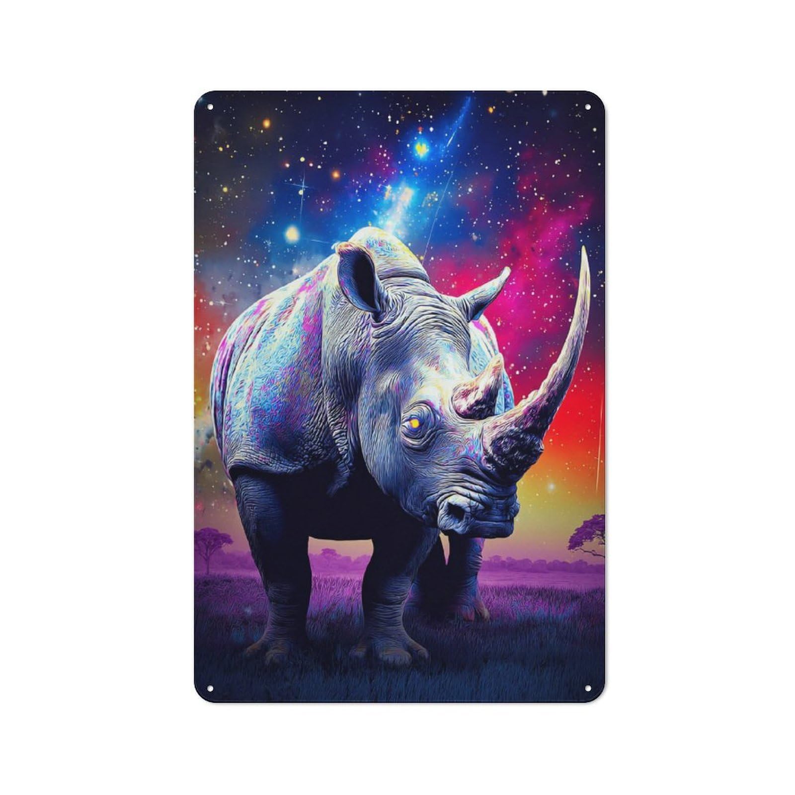 Metal Plaque with Galactic Rhino Majesty Design 30x20cm, Vintage Bistro Wall Plaque for Coffee Bar, Kitchen, Bistro Or Tea Corner