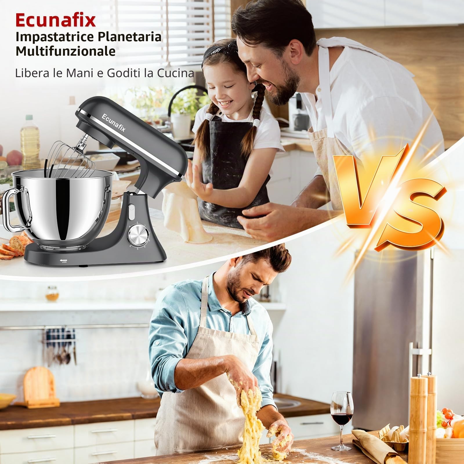 Impastatrice Planetaria offerta 2000W 8L Robot da Cucina | Professionale Multifunzione Mixer Cucina con Gancio per Impastare, Frusta Piatta, Frusta