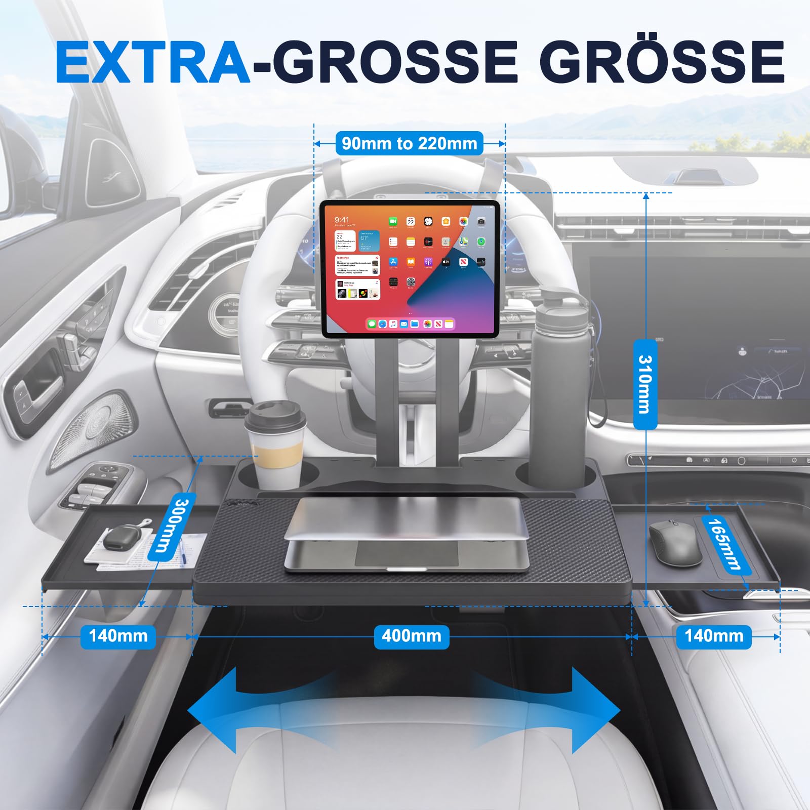 2 in 1 Auto Tisch für Beifahrer und Lenkrad | Klappbarer Auto Tisch für Rücksitz mit Getränkehalter und Handyhalter, Laptop-Schreibtisch für für Reisen, Arbeiten, Essen