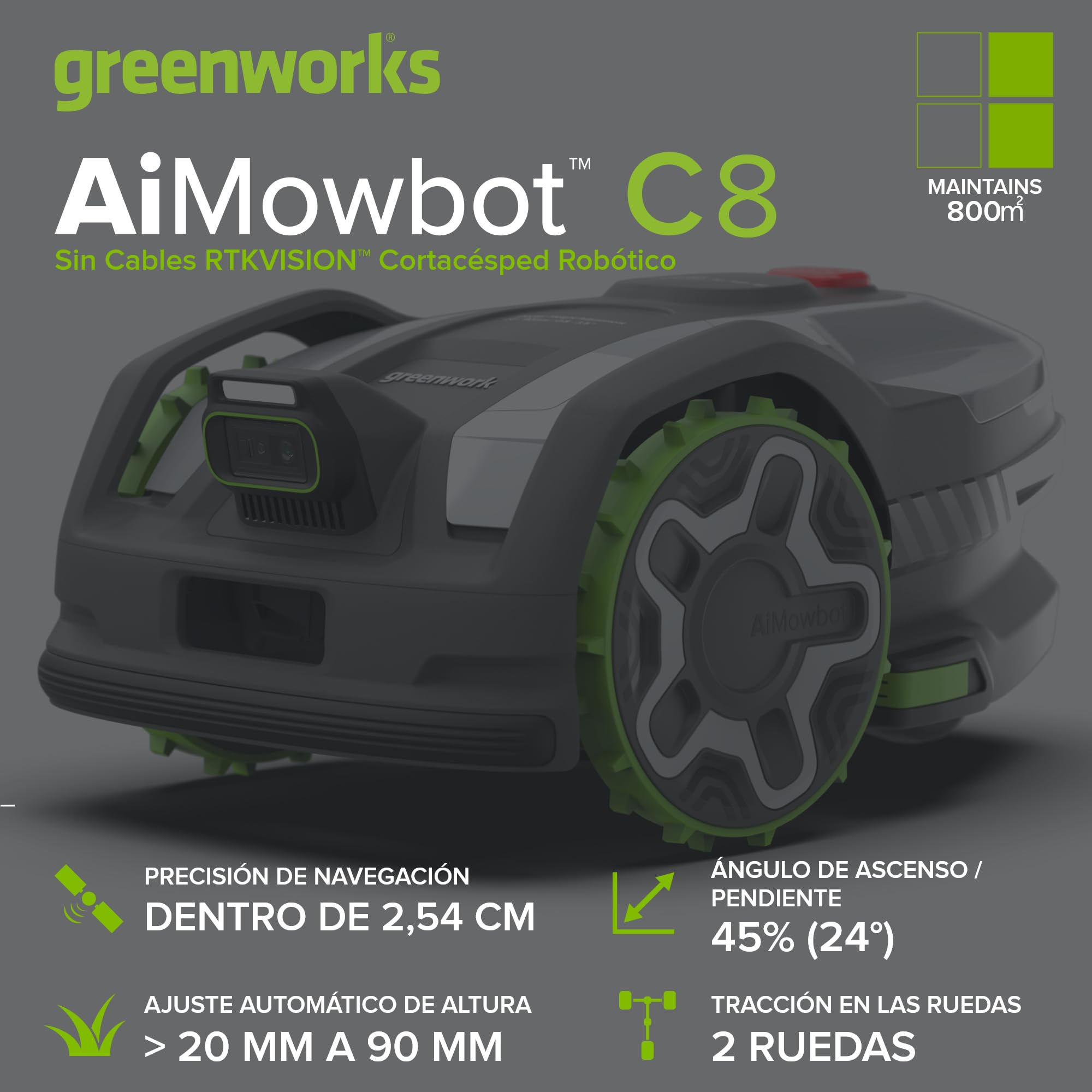 Greenworks C8 Vision+RTK – Cortacésped Robot sin Cable hasta 800 m², Mapeo Automático, Detección de Obstáculos 3D-ToF (Día y Noche), Gestión Multi-Zona Vía App, Garantía del Fabricante 3 Años