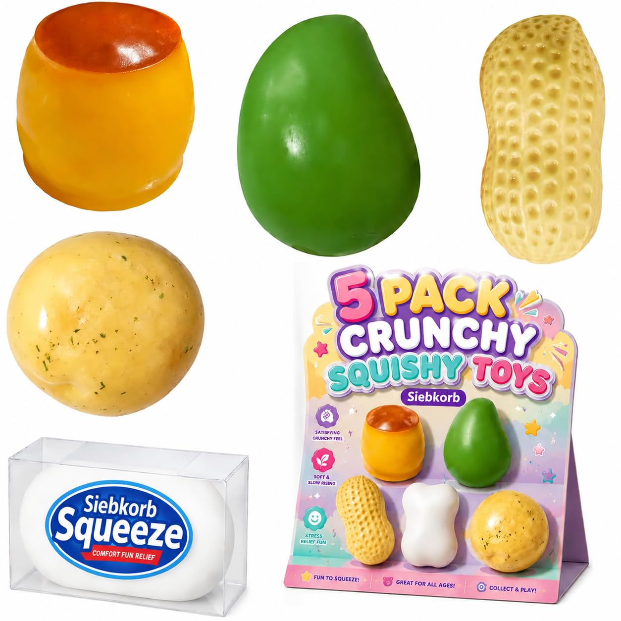 5PCS Crunchy Squishy Mango Soap Peanut Pudding Potato Stress Ball Set ASMR Bead Filled Realistic Food Shape Slushy Squeeze Fidget Squishies for Office Desk Home Travel Adults Party Favor Gift