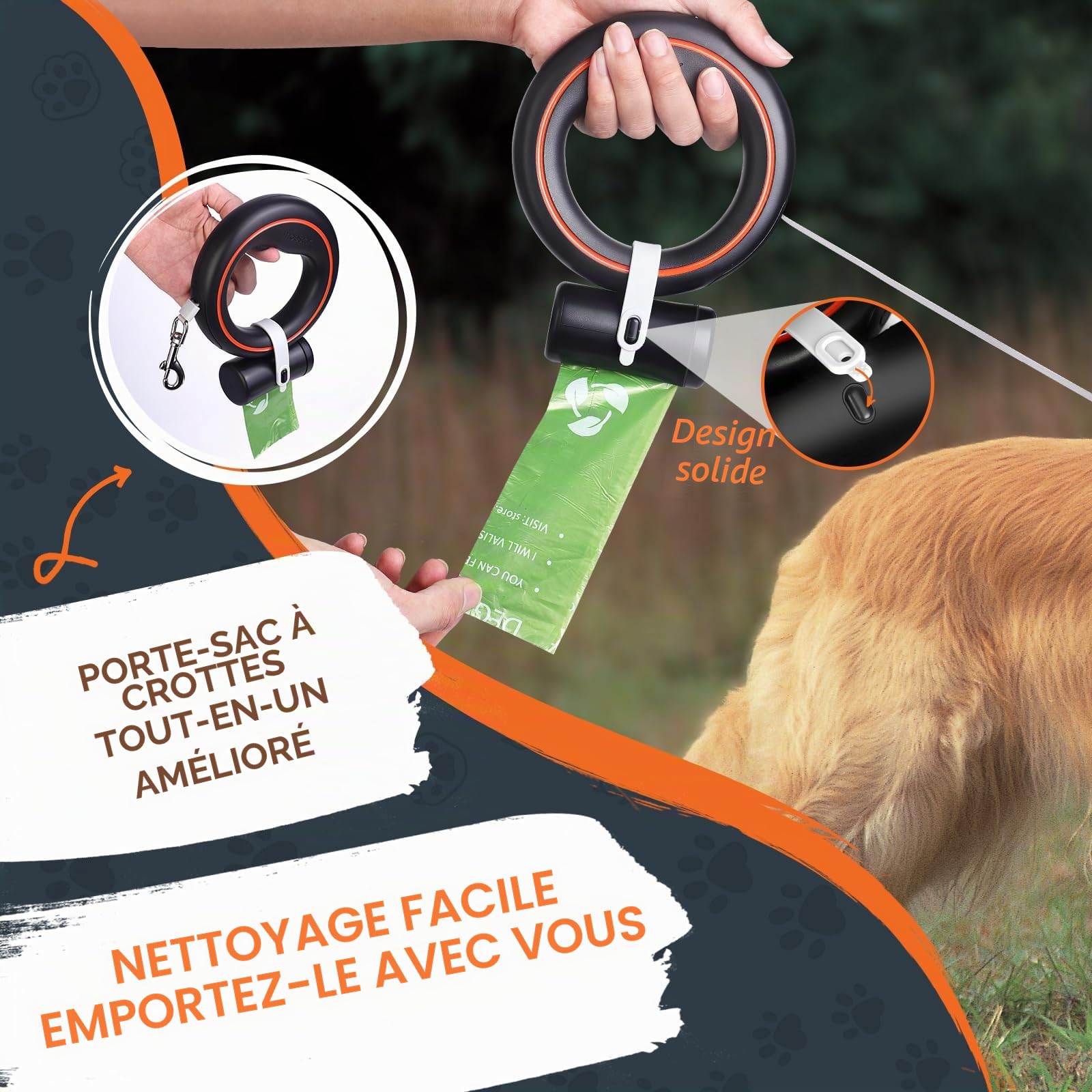 UFO Laisse rétractable à 360° sans enchevêtrement à Une Main avec verrou de Pause et Support pour Sac à déjections Canines - Ruban en Nylon Solide Mains Libres - pour Chiens de Taille Moyenne