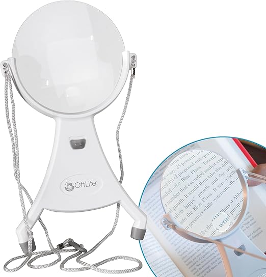 OttLite 4-Inch Hands-Free LED Magnifier - Adjustable Neck Cord, Acrylic Magnifier, Needlepoint, Sewing, Jewelry Making