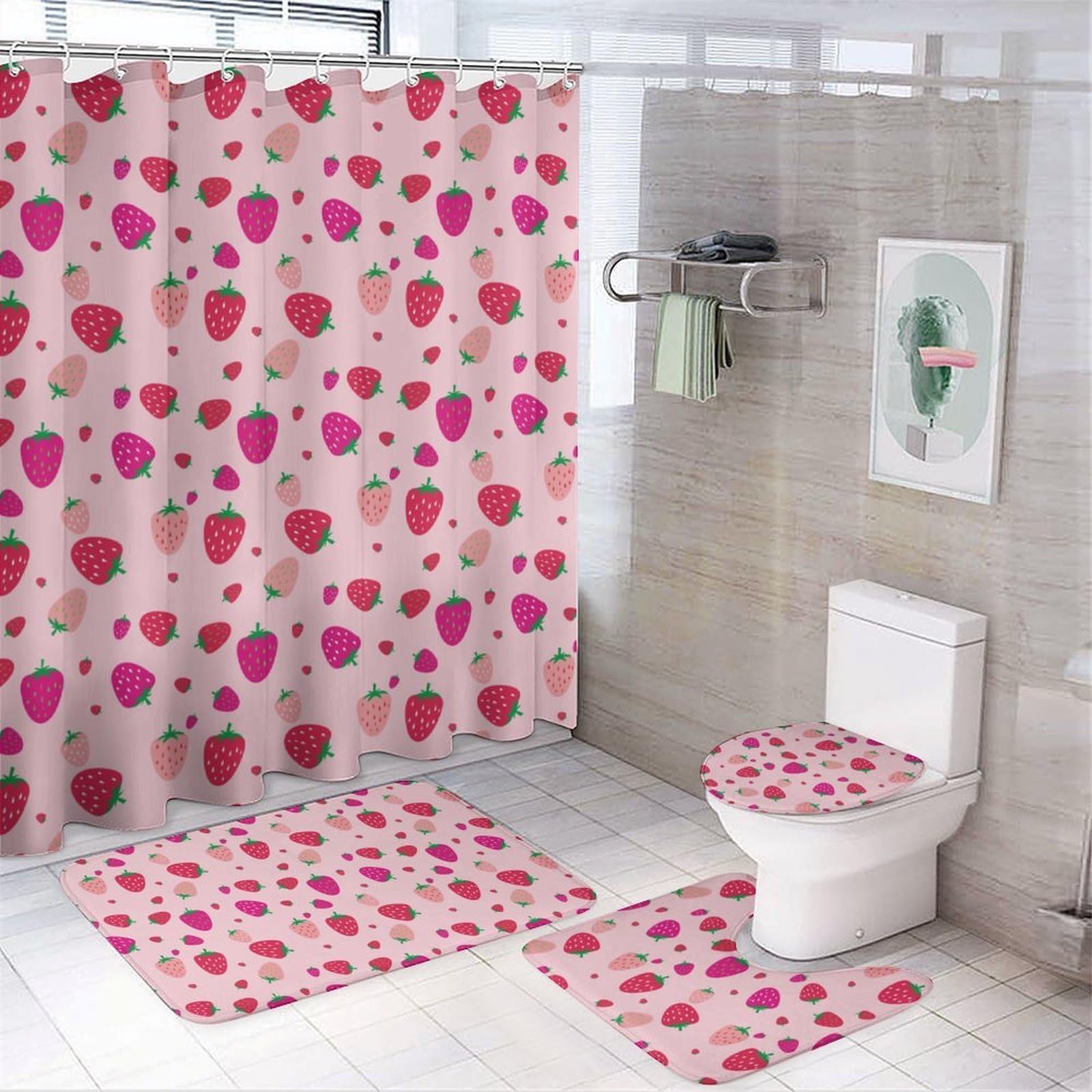 Wlntrophic Bathroom Mat Set 4 Piece, Strawberry Pattern Shower Curtain with Non-Slip Bath Mats for Bathroom
