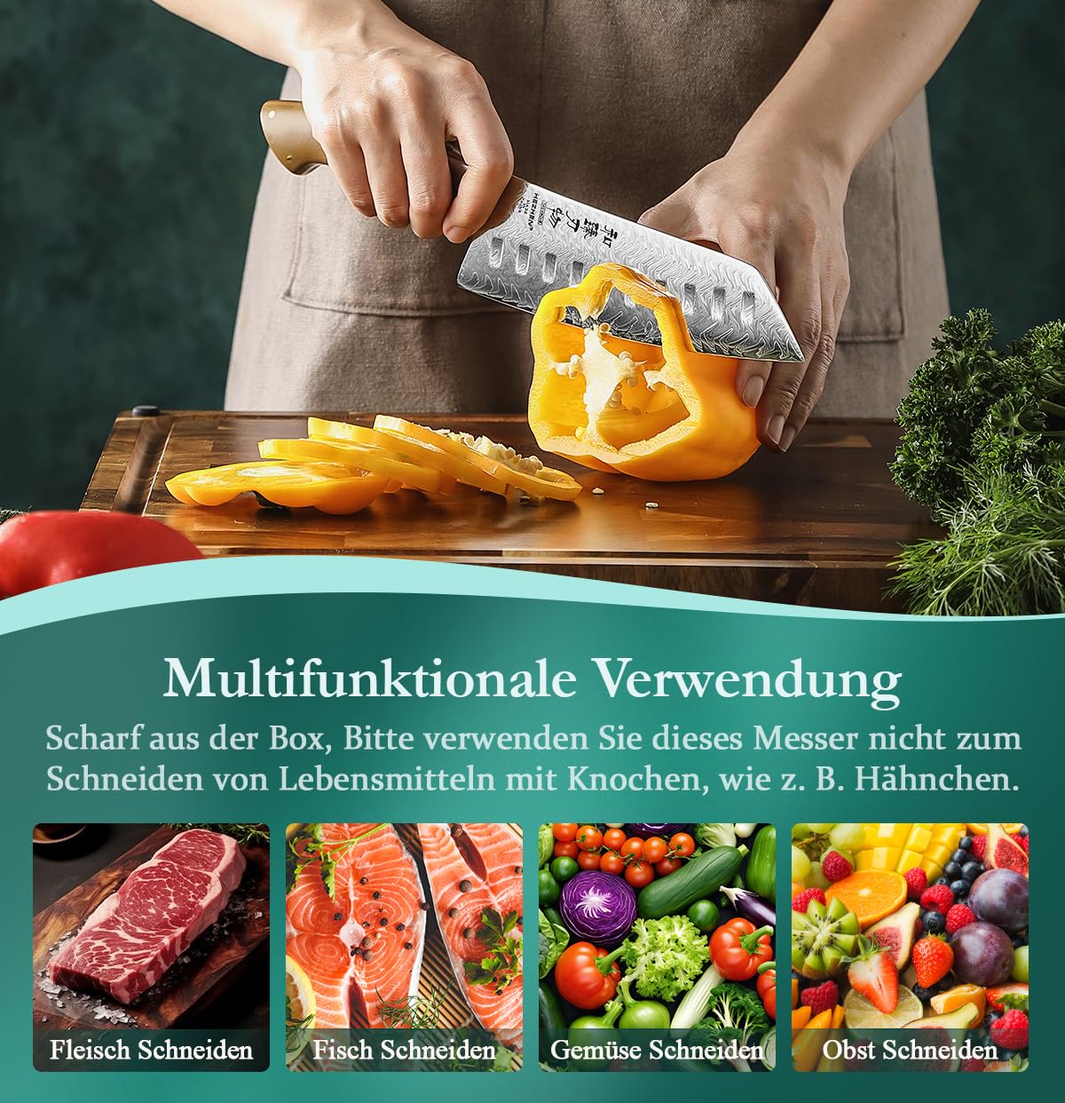 HEZHEN Santokumesser Damast,Japanischer Stil Kochmesser,Ultra-Scharfes Allzweck-Gyutomesser, Komfortabler Full Tang Griff