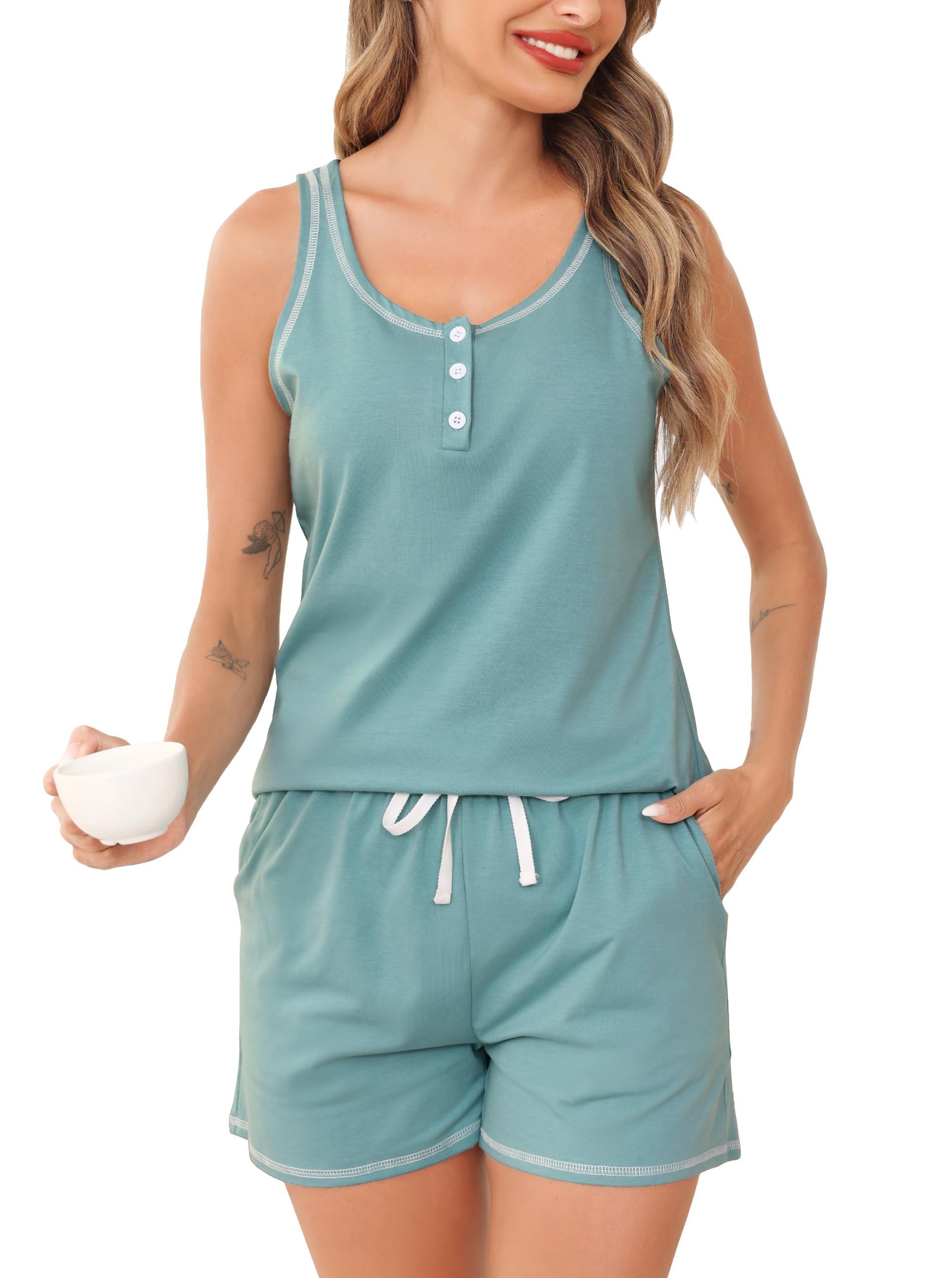 Wikoan Schlafanzug Damen Kurz Ärmellos Sexy Pyjama Sommer Zweiteiliger Weich Baumwolle Pyjama Set V-Ausschnitt Knöpfen Nachtwäsche Cami Top und Shorts S-XXL
