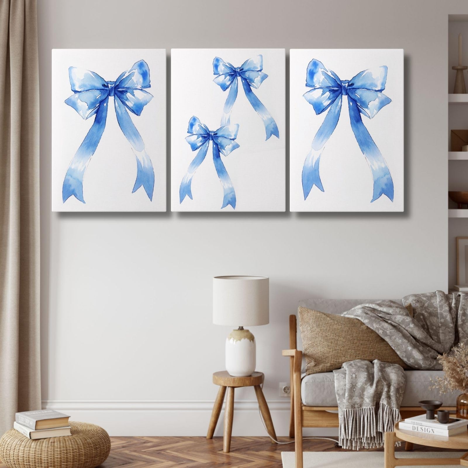 sawjug Bow Picture Wall Decor，Blue Bows Wall Art，Watercolor Bow Canvas Prints for Living Room，Bathroom，Bedroom (12" x 18" x 3 pcs)