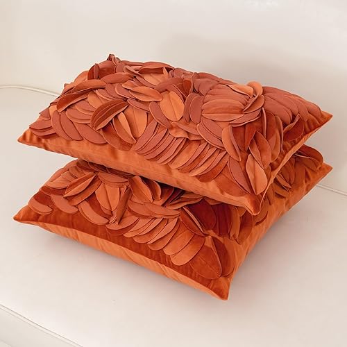 Miniatura 7 de Alerfa Funda de almohada decorativa de terciopelo floral hecha a mano con hojas en 3D para sofá, cama, sala de estar, decoración del hogar, 20 x 20