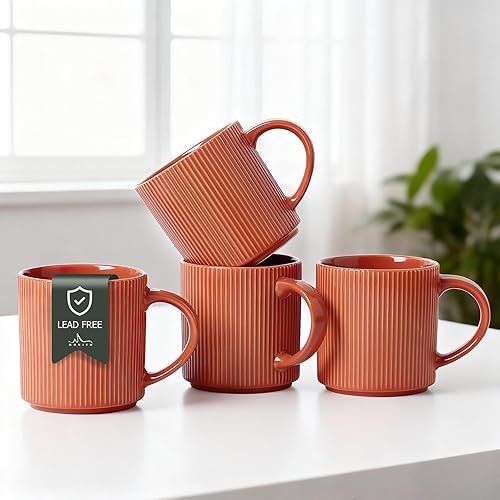 Miniatura 17 de MONITO Juego de 4 Tazas de Café de 16 Oz, Juego de Tazas de Café de Cerámica Rústica con Mango Grande, Tazas de Café de Gres con Rayas Vintage para