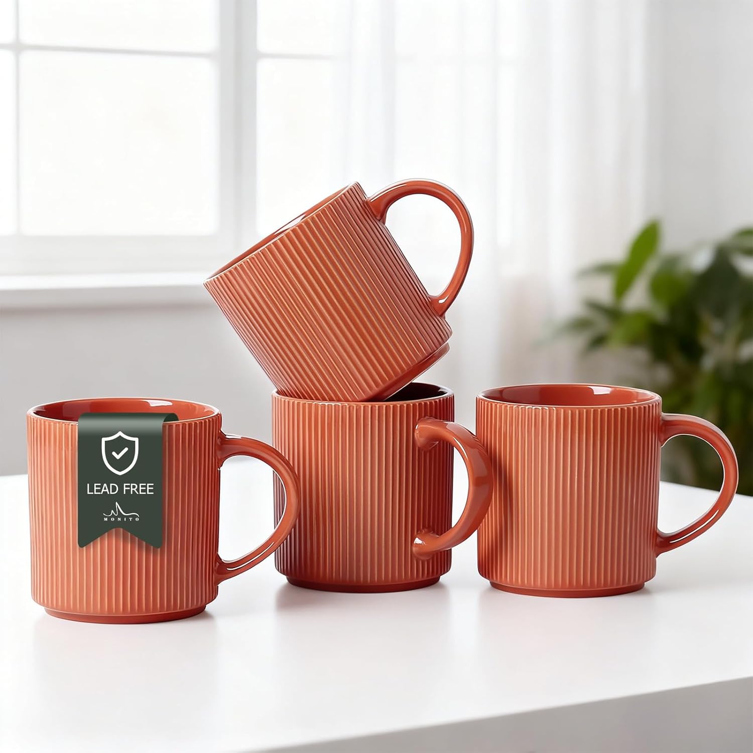 MONITO 16Oz Coffee Mugs Set of 4 Rustic Ceramic Coffee Cups Set with Large Handle Vintage Striped Stoneware