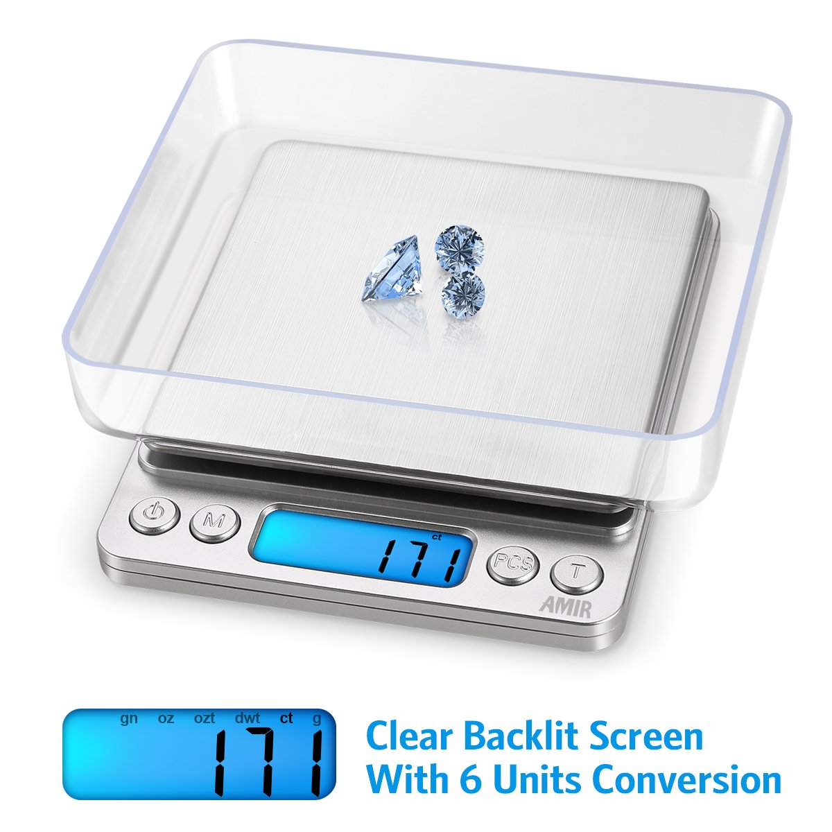 Balance de cuisine numérique, 500 g/0,01 g, mini balance de poche pour bijoux avec écran LCD rétroéclairé, 2 plateaux, 6 unités, fonction tare PCS, argent (piles incluses)