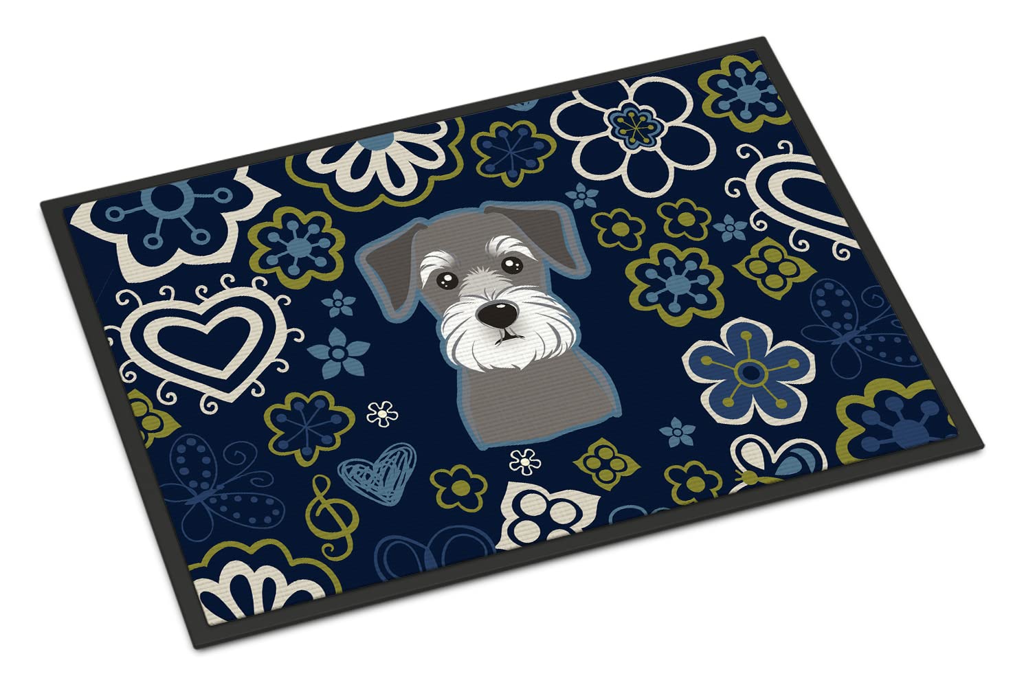Caroline's Treasures BB5057JMAT Blue Flowers Schnauzer Doormat 24x36 Front Door Mat Indoor Outdoor Rugs for Entryway, Non Slip Washable Low Pile, 24H