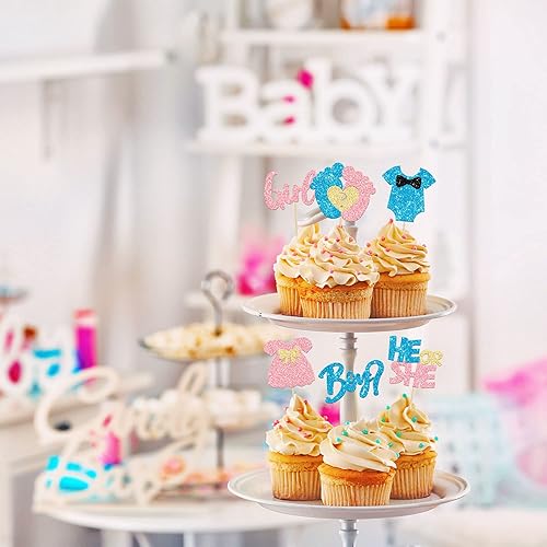 Miniatura 6 de 24 piezas de decoración para cupcakes para niños o niñas, pies con purpurina, vestido de revelación de género, selecciones de cupcakes, decoraciones