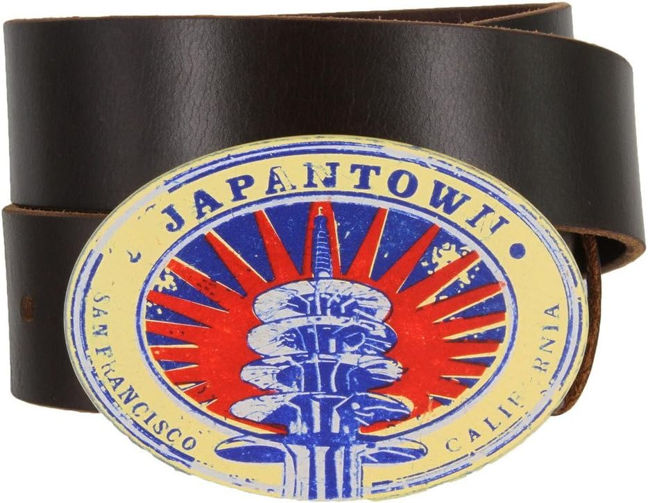 JapanTown Art Round Graphic Print Buckle with Genuine Leather Belt for Women