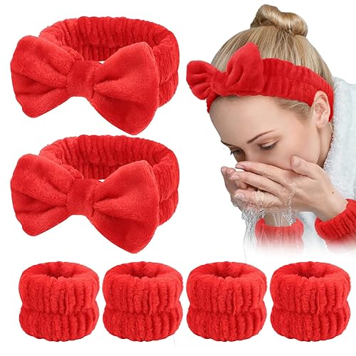 WHAVEL Juego de 6 diademas y pulseras de spa rojas, diademas de lavado facial de Navidad, bandas para lavar la cara, maquillaje, cuidado de la piel,