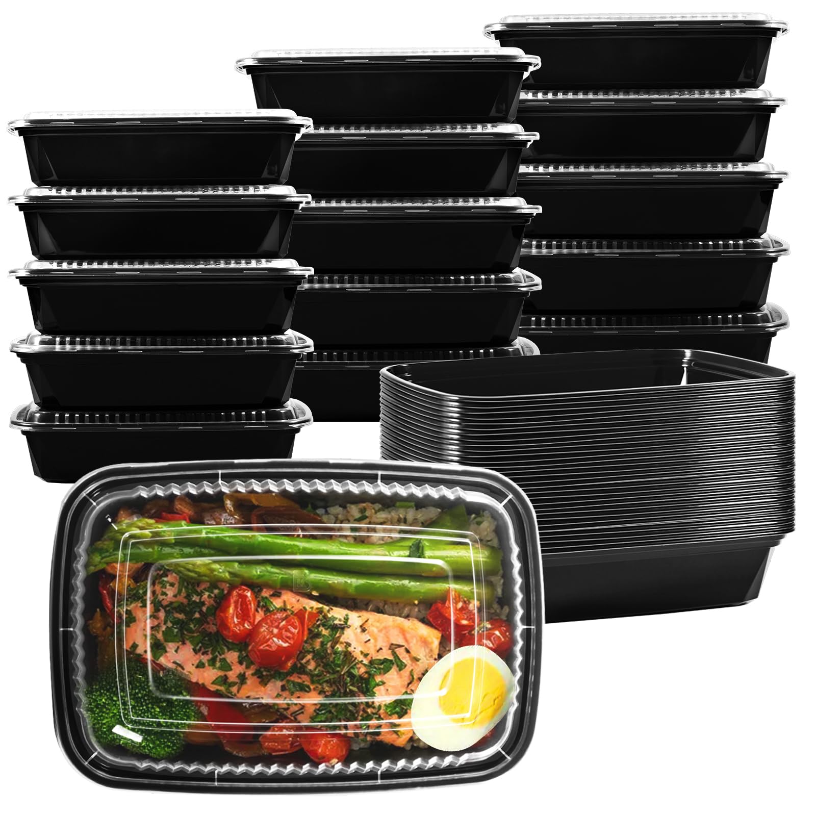 Meal Prep Containers 50pack 32oz, Food Grade with BPA Free, Food Storage Containers with Lids, Stackable, Dishwasher/Freezer Safe (Black 1)