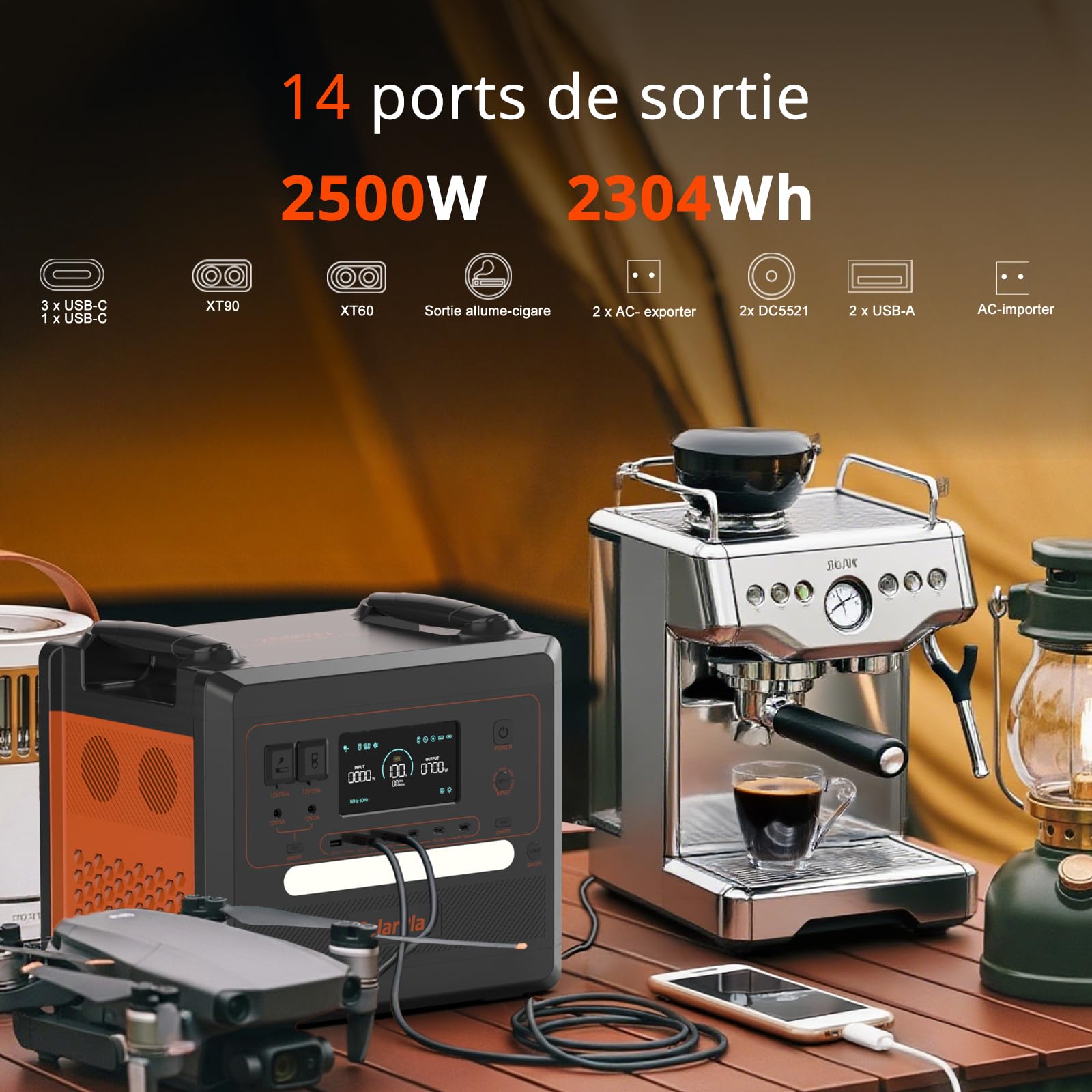 SolarPlay Q2402M Generateur Electrique Portable avec Panneau Solaire 200 W, Portable Power Station LiFePO4 2304 Wh, 2 Prises AC 230 V 2500 W, Alimentation Mobile Pour Camping, Bricolage et Comme