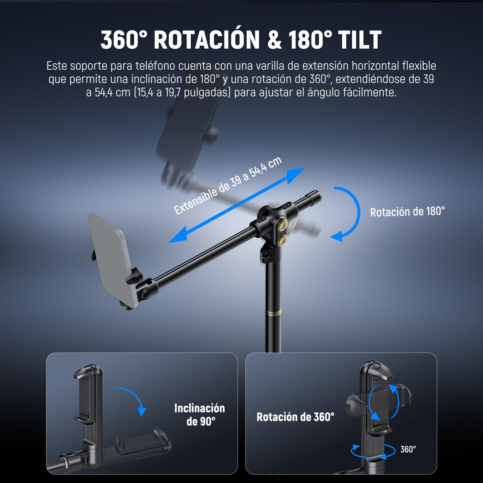 NEEWER BASICS ST009 - Soporte de suelo para teléfono con brazo de extensión horizontal, soporte ajustable para teléfono de cama compatible con iPhone 16 15 Pro Max Plus Samsung para grabación de video