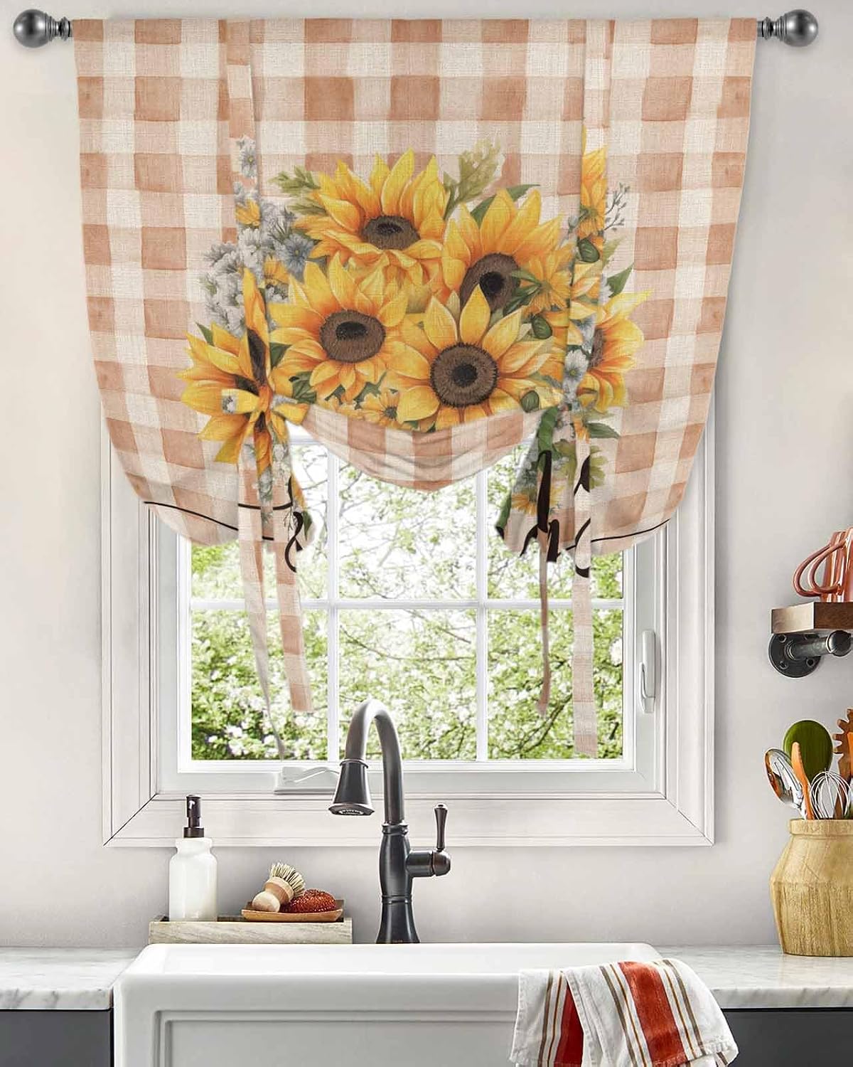 SEVENBABU Tie Up Curtains for Windows 46 Wide Tie Up Curtains Polyester Tie Up Valance Spring Sunflower Checkered Plaid Brown Balloon Window Shade Curtains for Kitchen Bathroom Small Windows 46"x63"