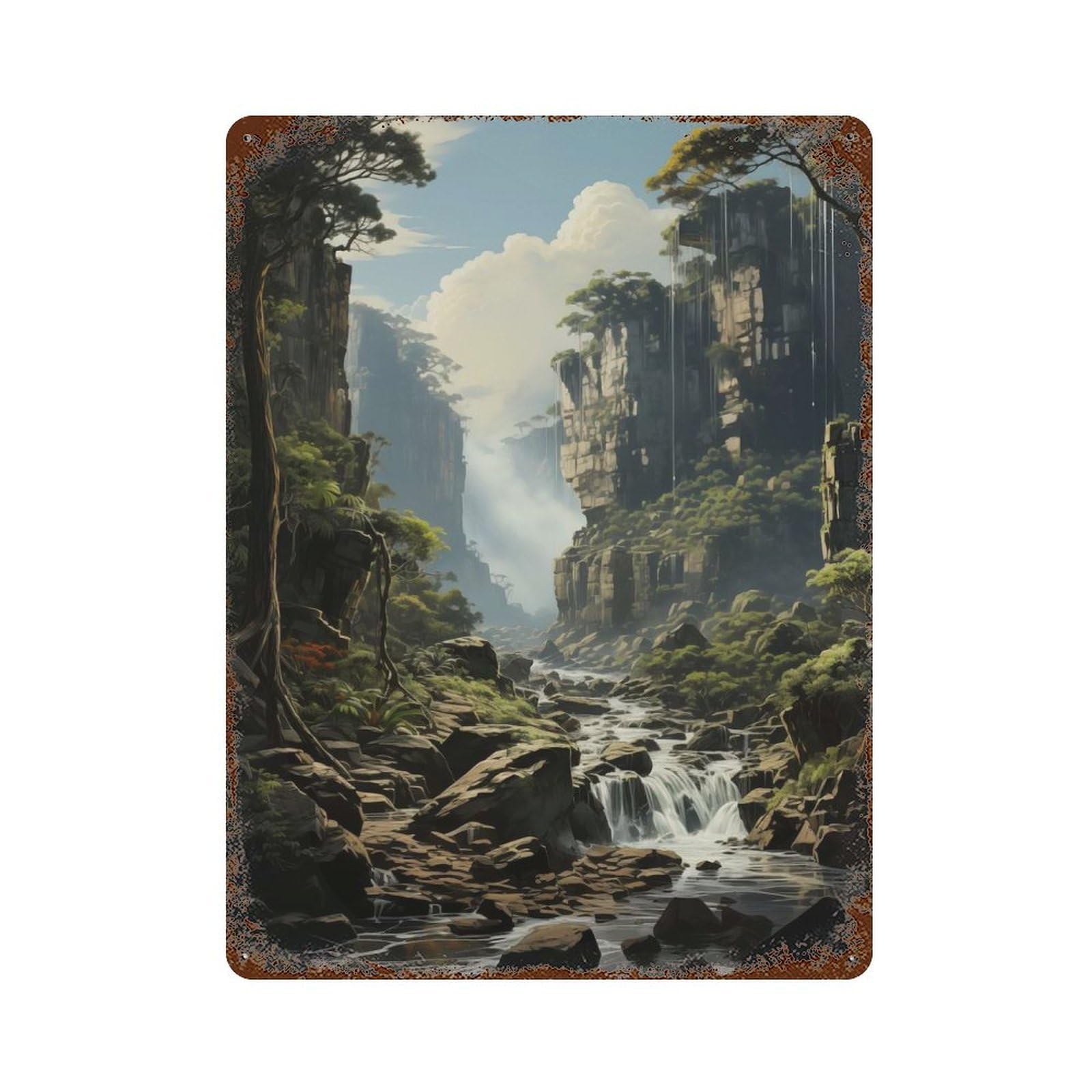 Rust Effect Misty Falls Oil Canvas Aged Metal Wall Plaque 15.7"x11.8", Shabby Chic Decor for Basement, Hobby Room And Garage Decor