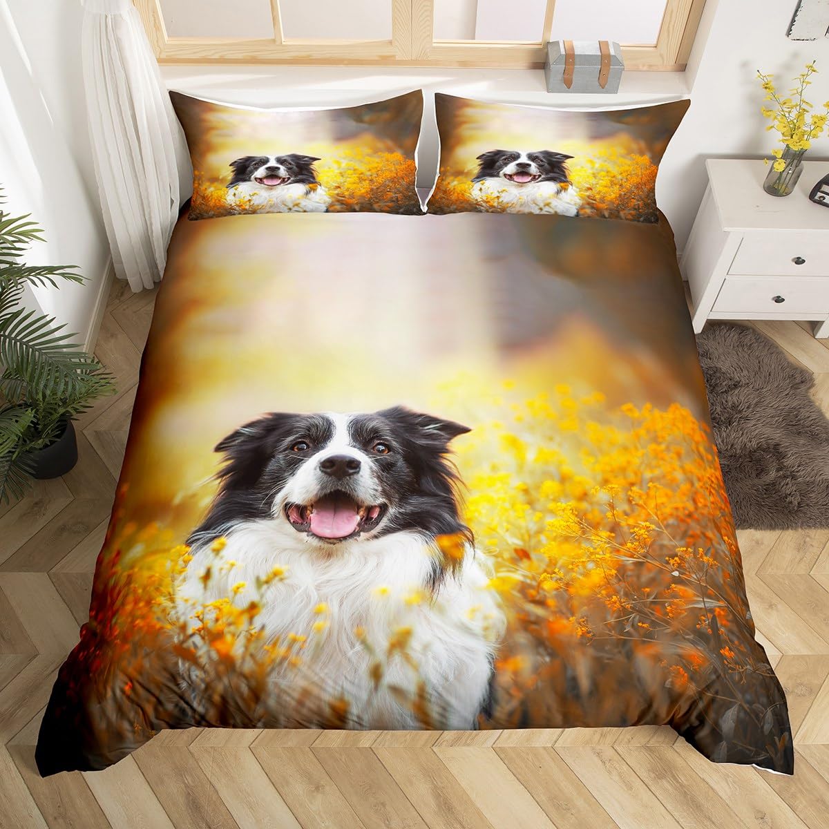 3D Dog Duvet Cover Set Cute Border Collie Pattern Bedding Set for Kids Boys Girls Yellow Flowers Botanical Comforter Cover Animal Theme Quilt Cover Bedroom Collection 2Pcs Junior/Cot Bed Size โ image 1