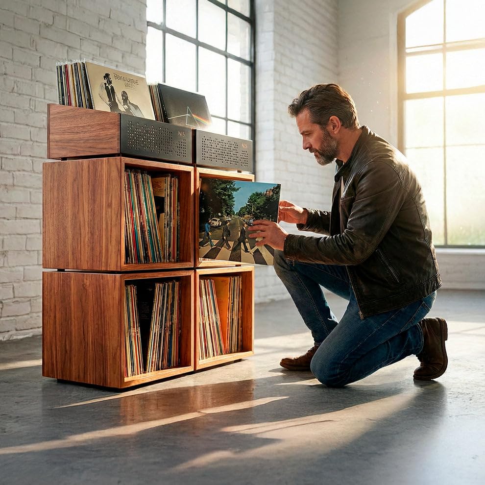 Scatola impilabile per dischi in vinile | Conservazione per vinili +200 LP | Mobile in legno massello noce | Organizzatore modulare per LP