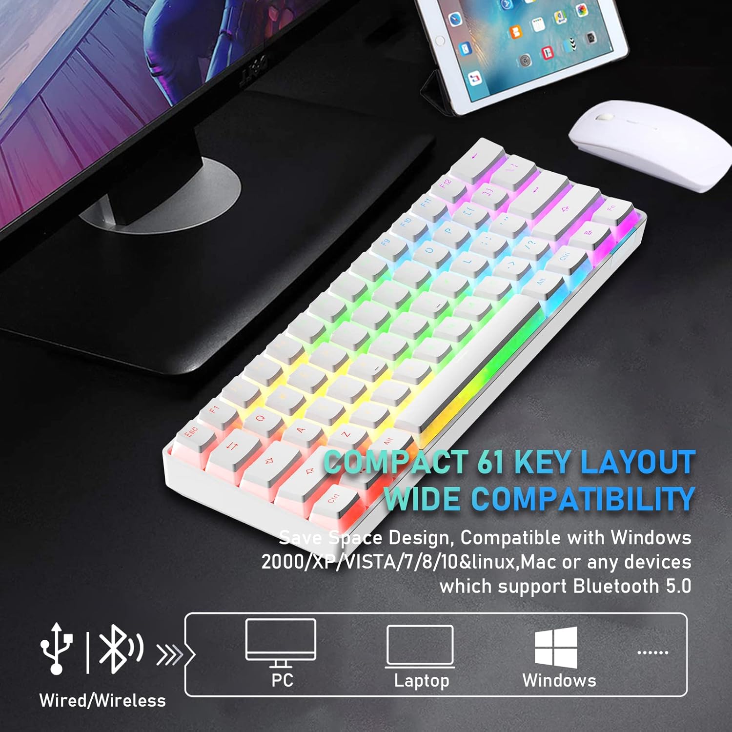 Mini Wireless 60% Dual Mode BT5.0/USB-C Wired Mechanical Gaming Keyboard with Pudding Keycaps Rainbow Backlit Ergonomic Rechargeable Anti-ghosting 61Key for PC Typist Mac Gamer(White PBT/Brown Switch)