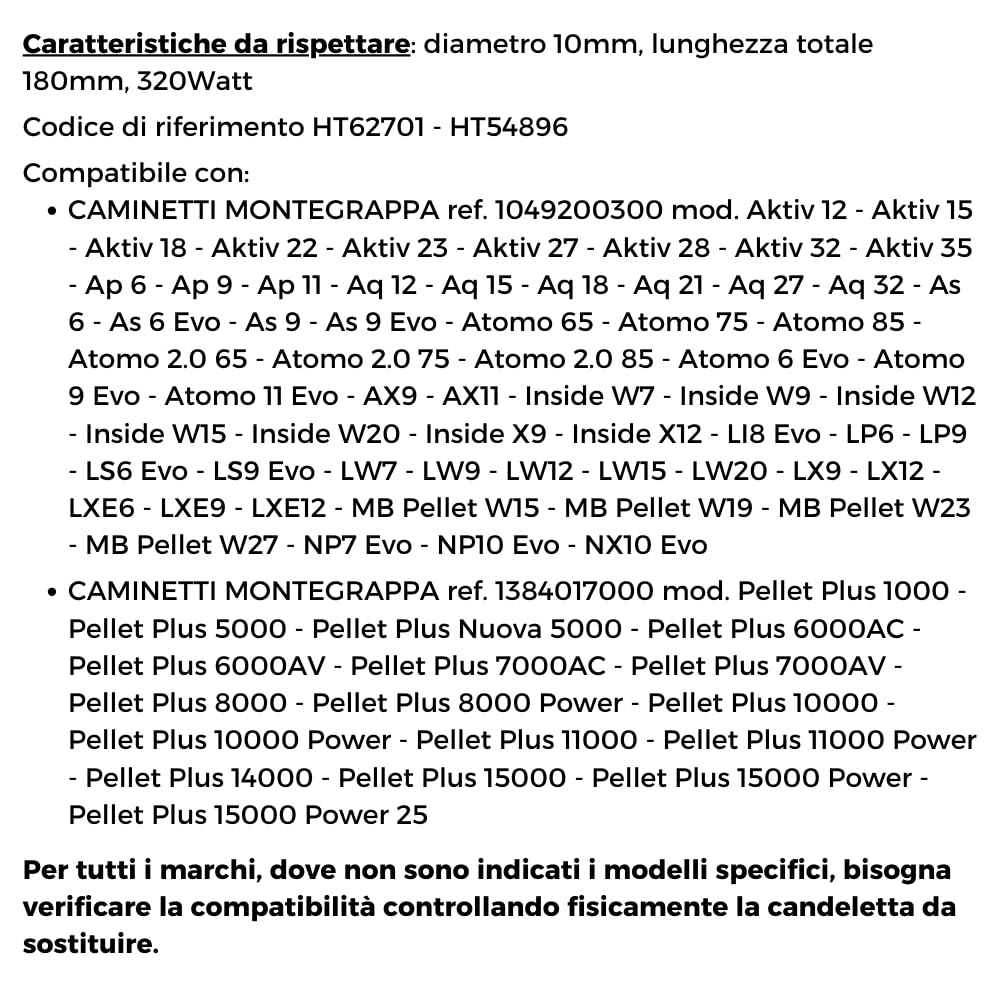Easyricambi - Bougie d'allumage pour poêle à pellets 320W, modèle linéaire de diamètre 10 mm et longueur 180 mm, résistance pour un chauffage rapide, pièce de rechange pour de nombreux modèles de