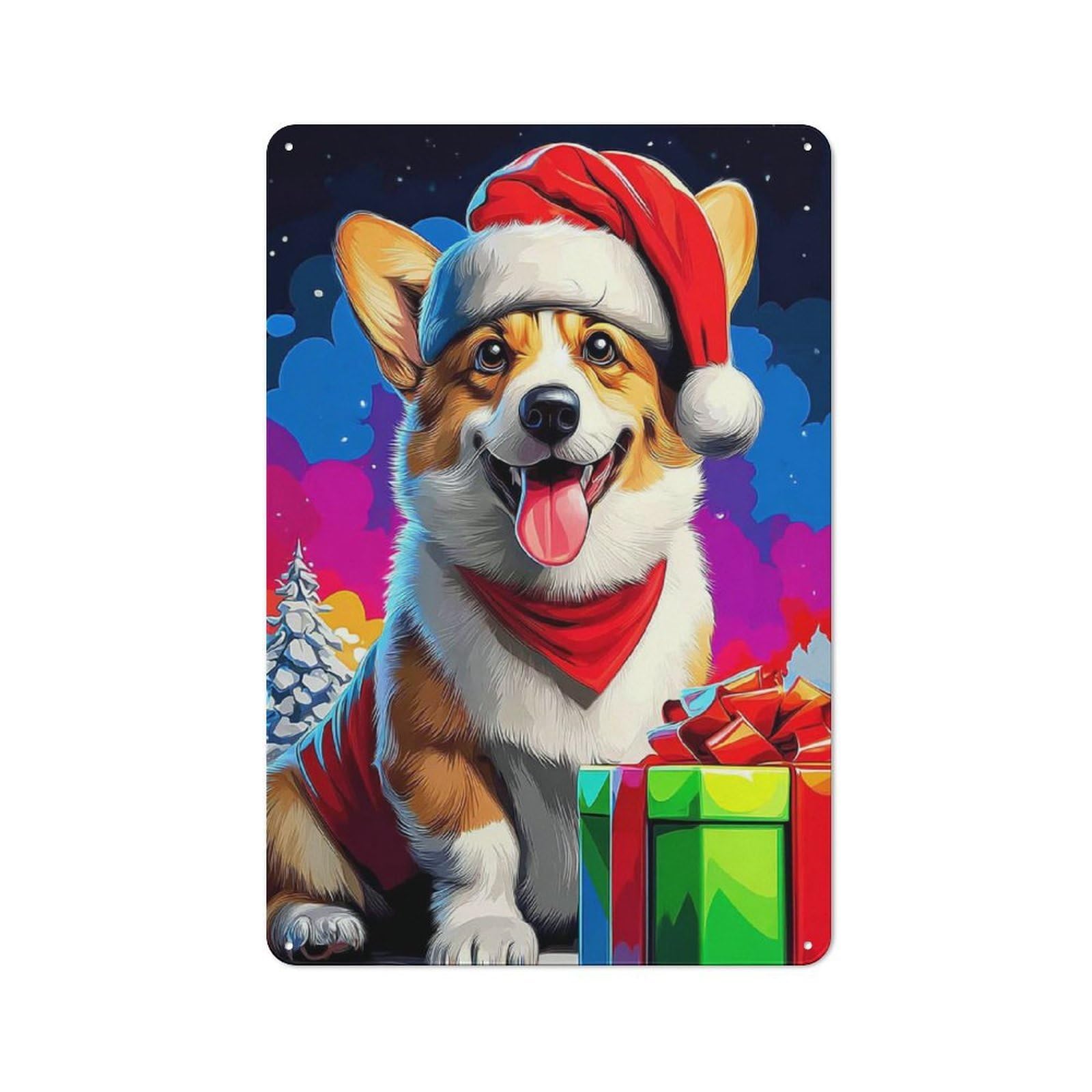 Junmoney Christmas Corgi With Presents -1 Retro Metal Sign 30X20cm For Living Room Or Hallway, For Updating Living Room And Hallway After Moving