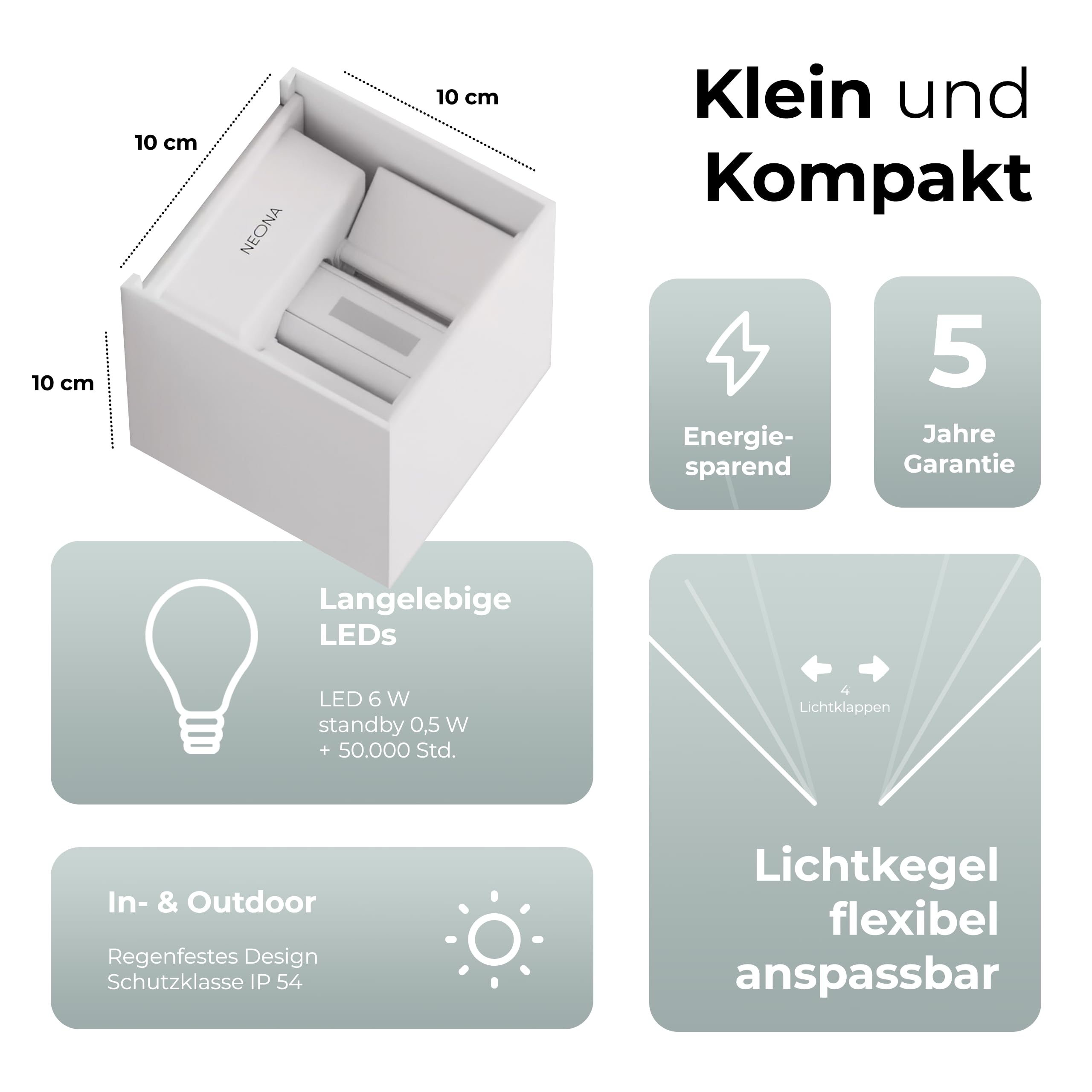 NEONA Xena LED Wandleuchte Innen & Außen – Design Lampe IP65 mit Up & Down Light – Warmweißes Licht 3000K – Modern, Dimmbar, Aluminium – für Wohnzimmer, Flur, Terrasse, Fassade (Weiß)