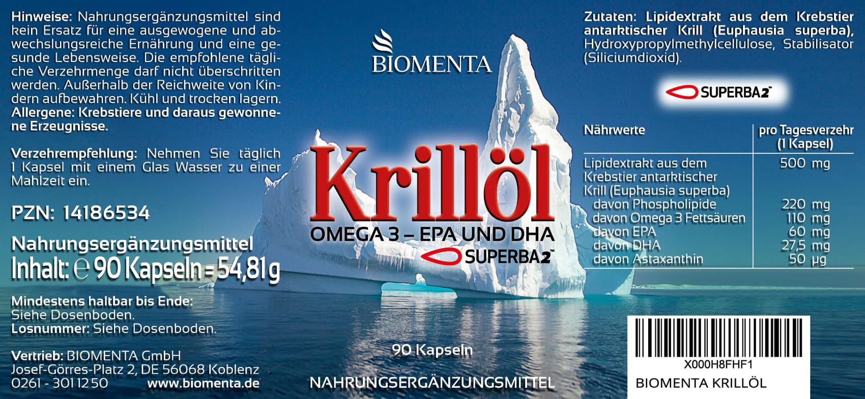 BIOMENTA SUPERBA™ Krillöl – 90 hochdosierte Kapseln aus Antarktischem Krill – Omega-3 + EPA/DHA + Astaxanthin - Premiumqualität MHD: 31.03.2026