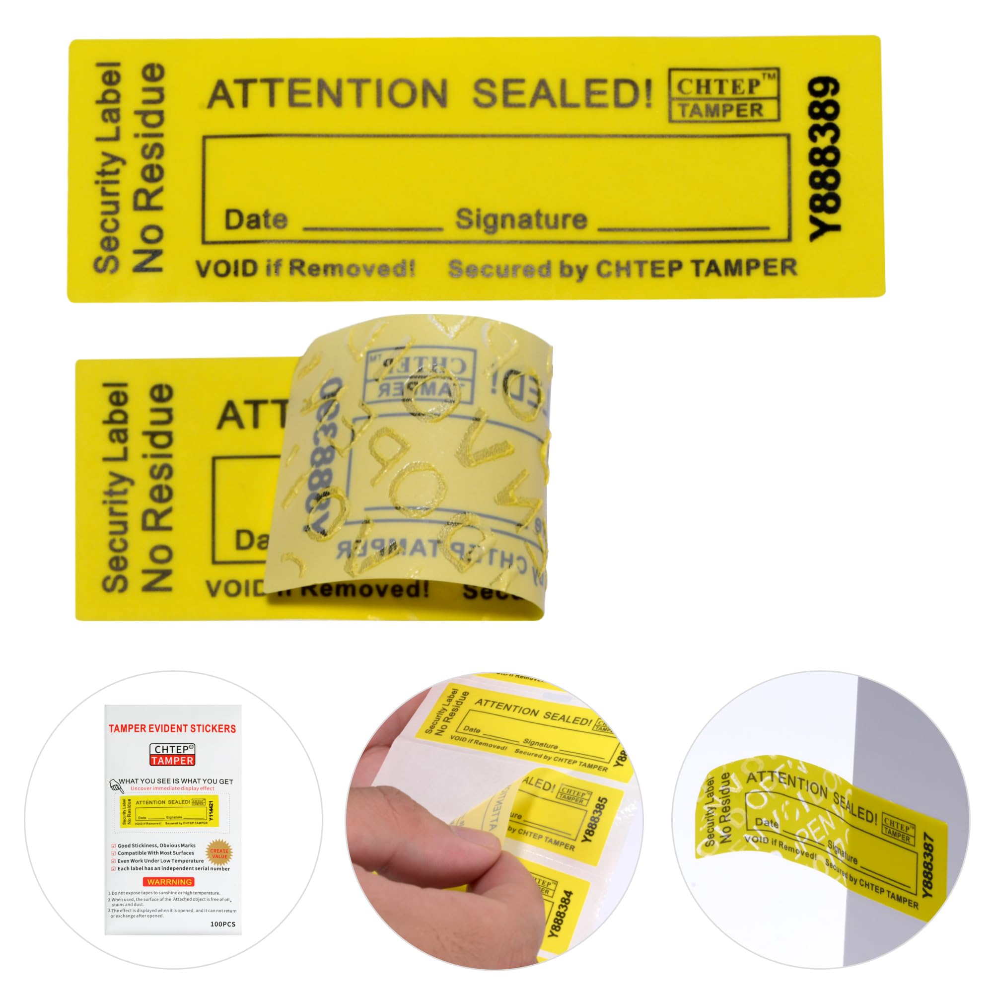 ChtepTamper 100 Pieces No Transfer Tamper-Evident Stickers Security Labels Great for Goods Shipping,Exchange of Agency Files, Privacy Protection or More(Serial Number 0.8 * 2.4inches Yellow)