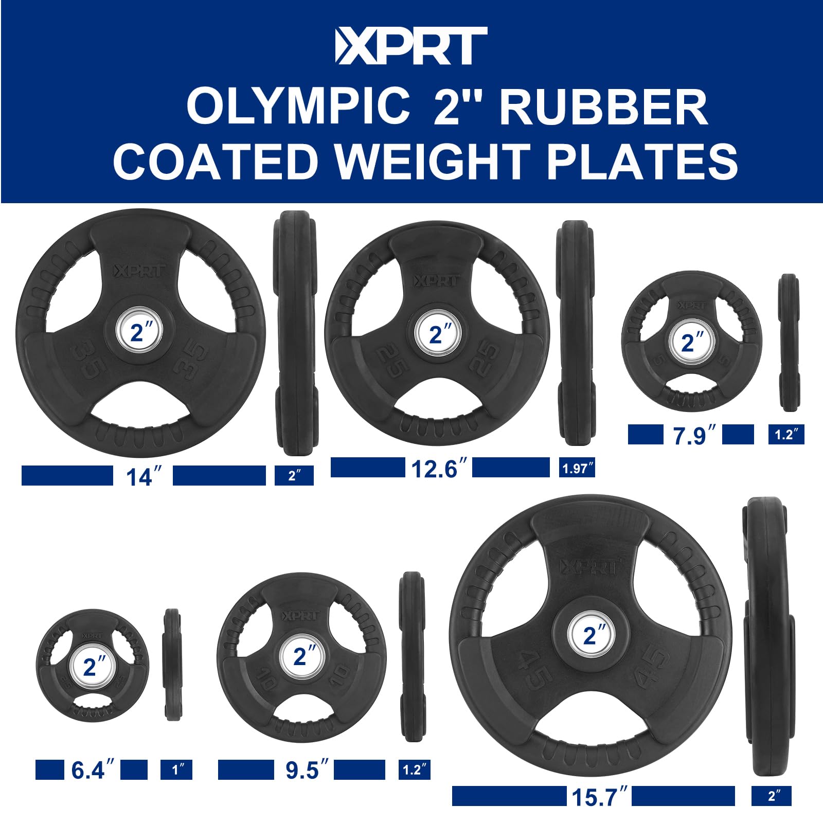 XPRT Fitness Olympic Weight Plates 2.5-45 LB | Rubber Coated Cast Iron Plates with Triple Grip Design | Quiet and Protective Upgrated Home Gym Weights (E. 10 lb x 2pcs)