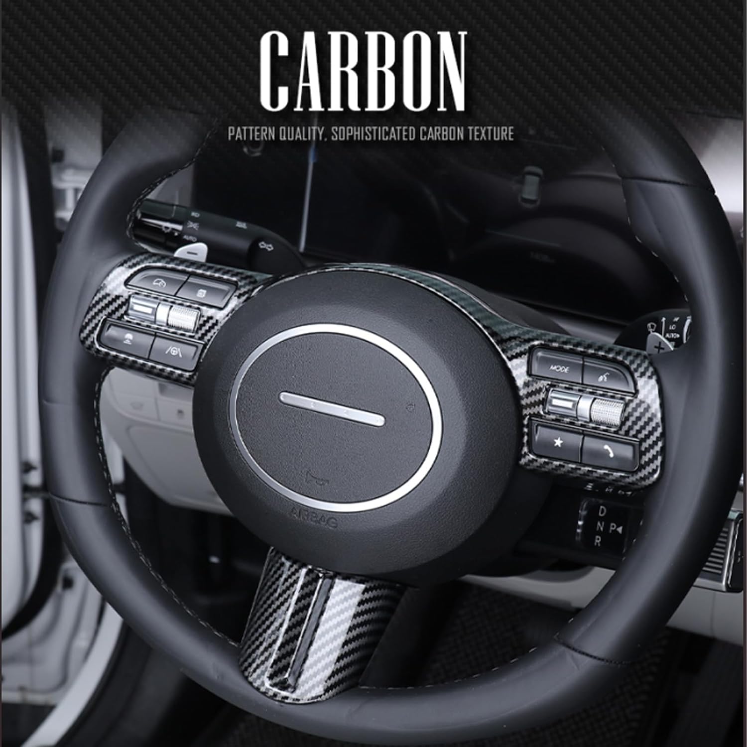 Steering Wheel Button Frame Cover Compatible with Hyundai Tucson 2025 Accessories (Carbon Fiber Pattern)