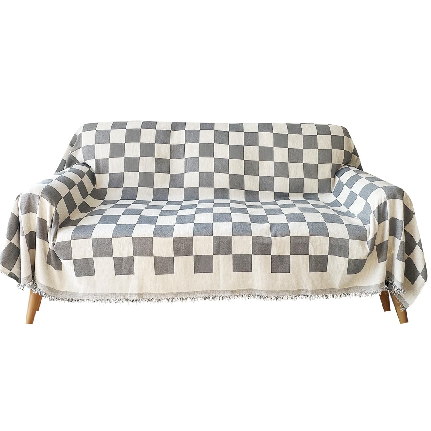 Granbest Thicken Chenille Throw Blankets for Couch and Bed, Soft Cozy Sofa Blanket with Tassel, Decorative Sofa Cover 3 Seater, 4 Seasons Universal Sofa Protector for Pet (180 * 300, Chessboard Grey)