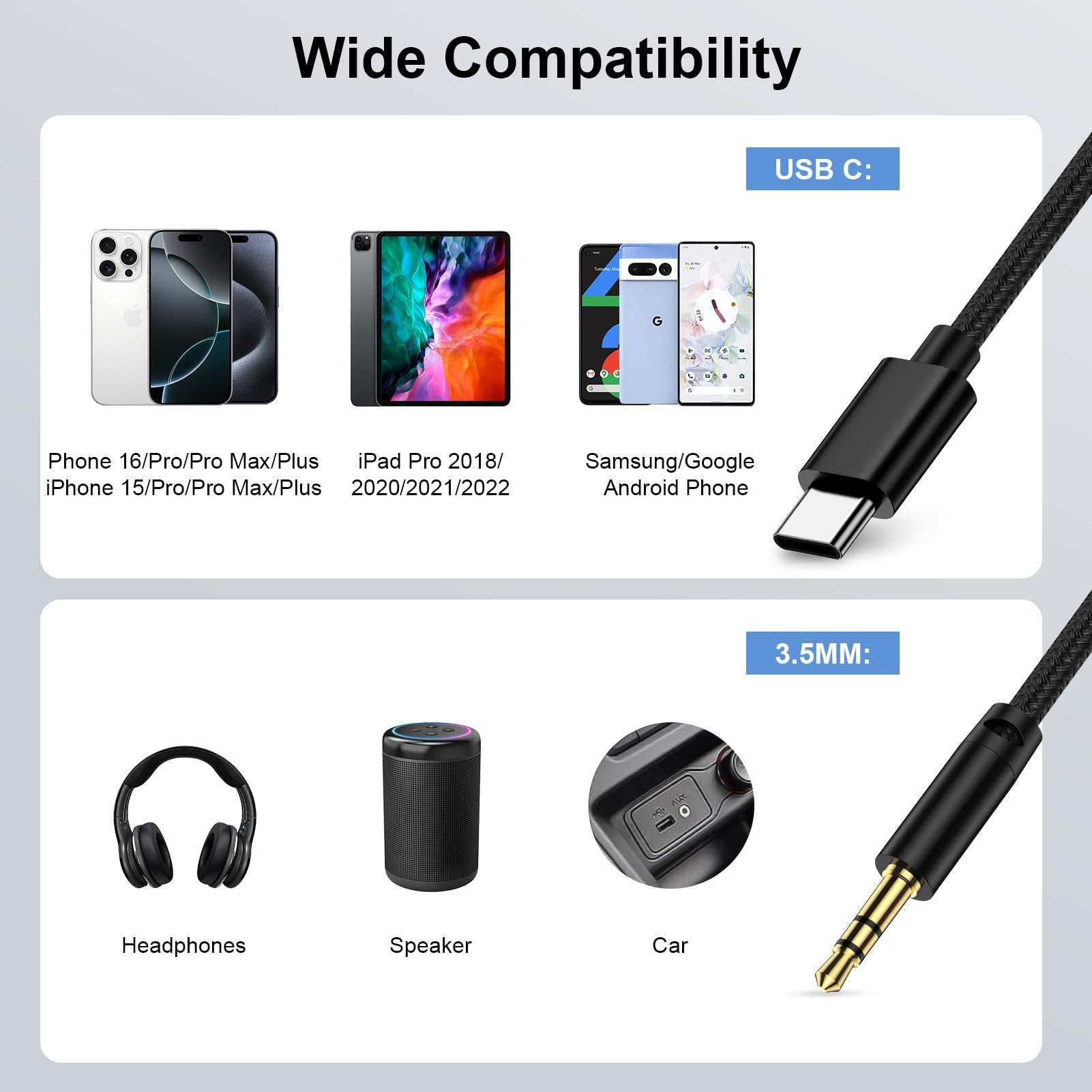Cavo audio da USB C a jack audio da 3,5 mm per Samsung Galaxy A26/A16/A36/A56/S25 Ultra/S24/S23/S22/S21/S20/0,9 m, adattatore da tipo C a cuffie Aux cavo stereo per iPhone 16 Pro Max/16e/15/Pixel