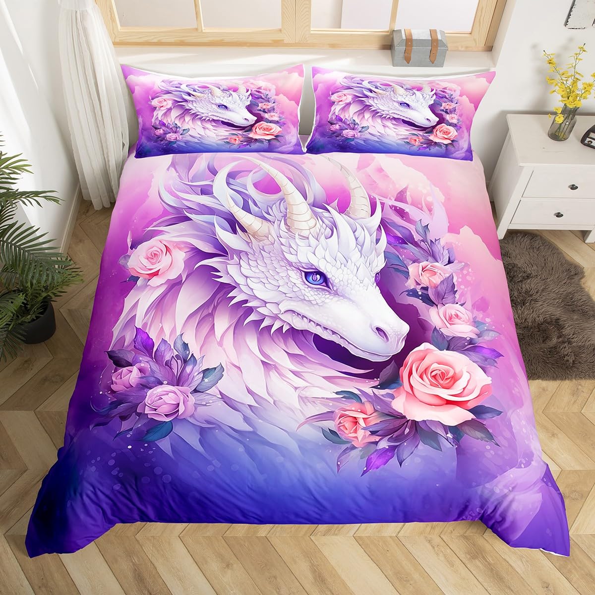 Homewish Fantasy Dragon 135x200 Bettwäsche Set,Rosa Rose Floral Dragon Bettbezug für Kinder Jungen Mädchen,Lila Galaxy Blumenbett Set Cartoon Western Dragon Bettbezug (Kein Tröster)