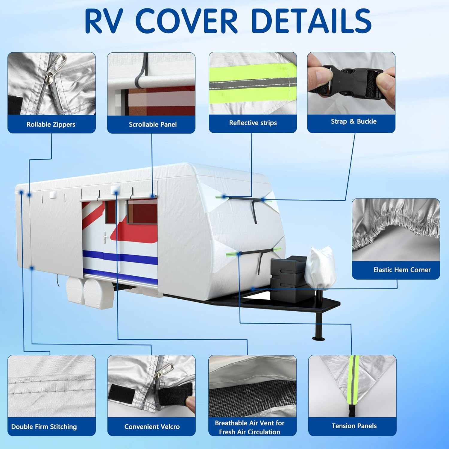 Oxford Fabric Travel Trailer Cover RV Cover, 18-20 FT Tear-Resistant Anti-UV Camper Cover with Tongue Jack Cover, 4 Tire Covers, 6 Gutter Covers and Repair Pudding for Winter Snow