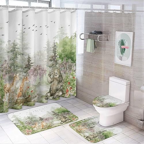 Miniatura 9 de Juego de 4 cortinas de ducha de otoño con diseño de bosque y vida silvestre, cabaña de acuarela, animales del bosque, ardilla, oso, zorro, hojas de