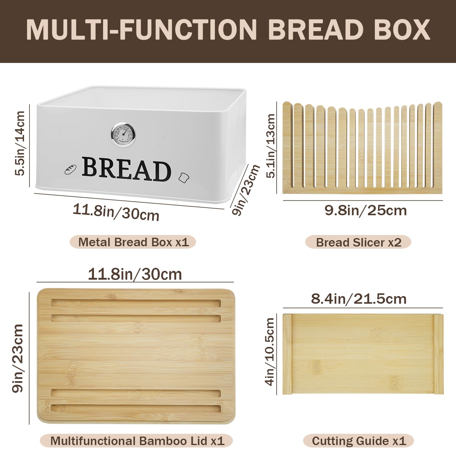 Boîte à Pain pour Plan de Travail - Organisateur de Cuisine avec Couvercle Bambou/Hygromètre - Conteneur de Rangement pour Pain au Levain, Pains et Baguettes - Planche à Découpe Intégrée - Blanc