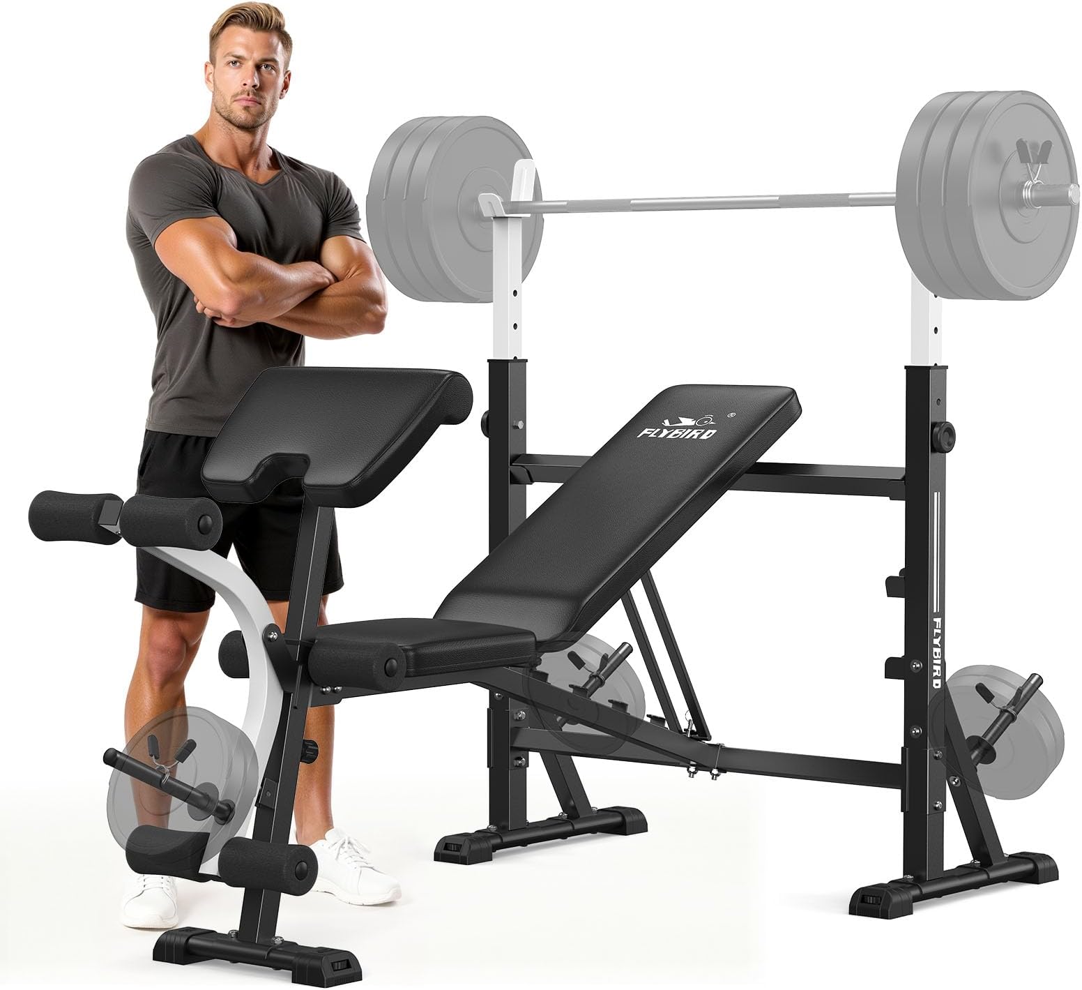 FLYBIRD Olympic Adjustable Weight Bench, with Bench Press Rack, Leg Extension and Leg curl, for Home Gym Workout (2 Size Options)