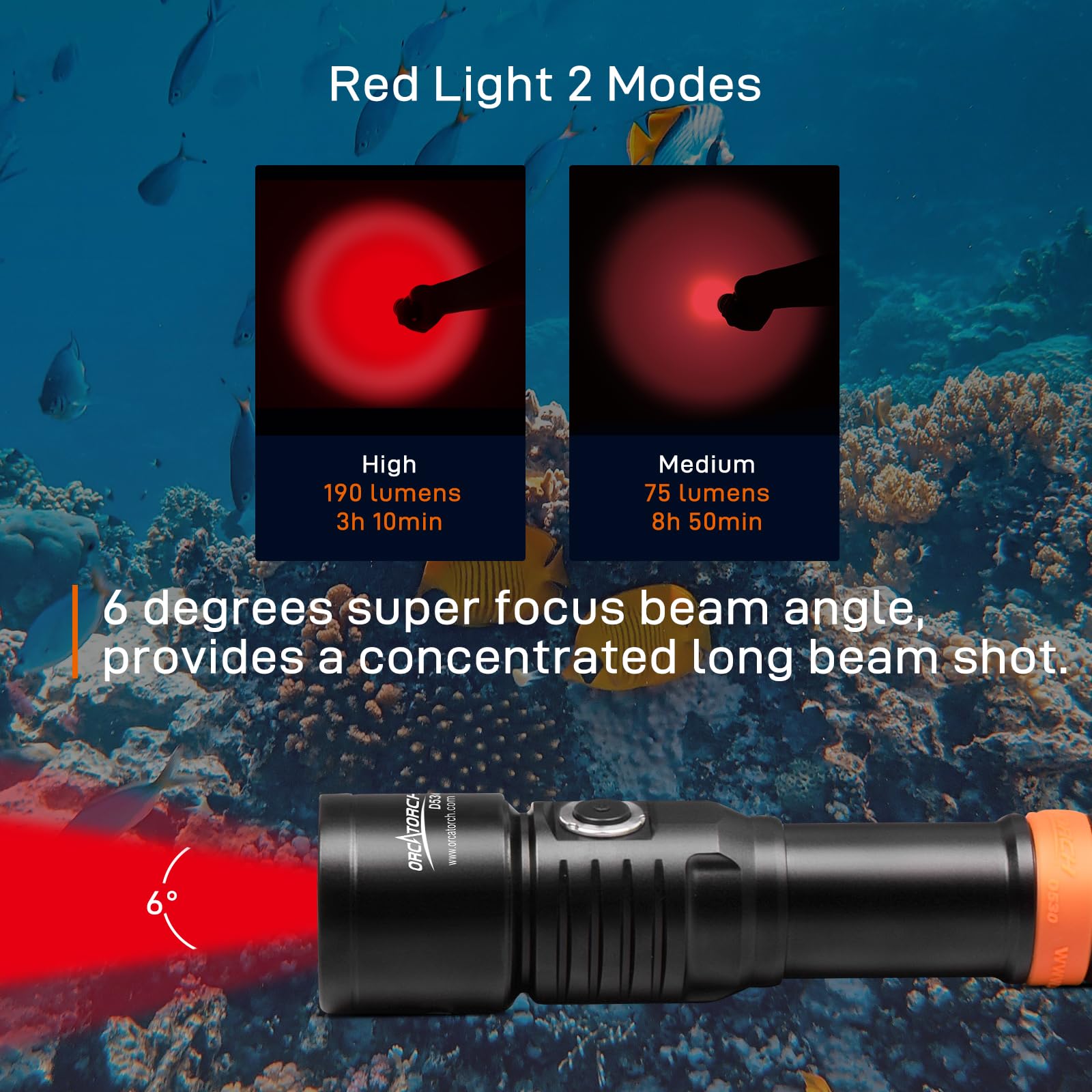 ORCATORCH Linterna de buceo LED roja D530, 210 lúmenes, ángulo de haz estrecho de 6 grados, interruptor de botón lateral de aleación de titanio, 2 modos de iluminación con indicador de batería para
