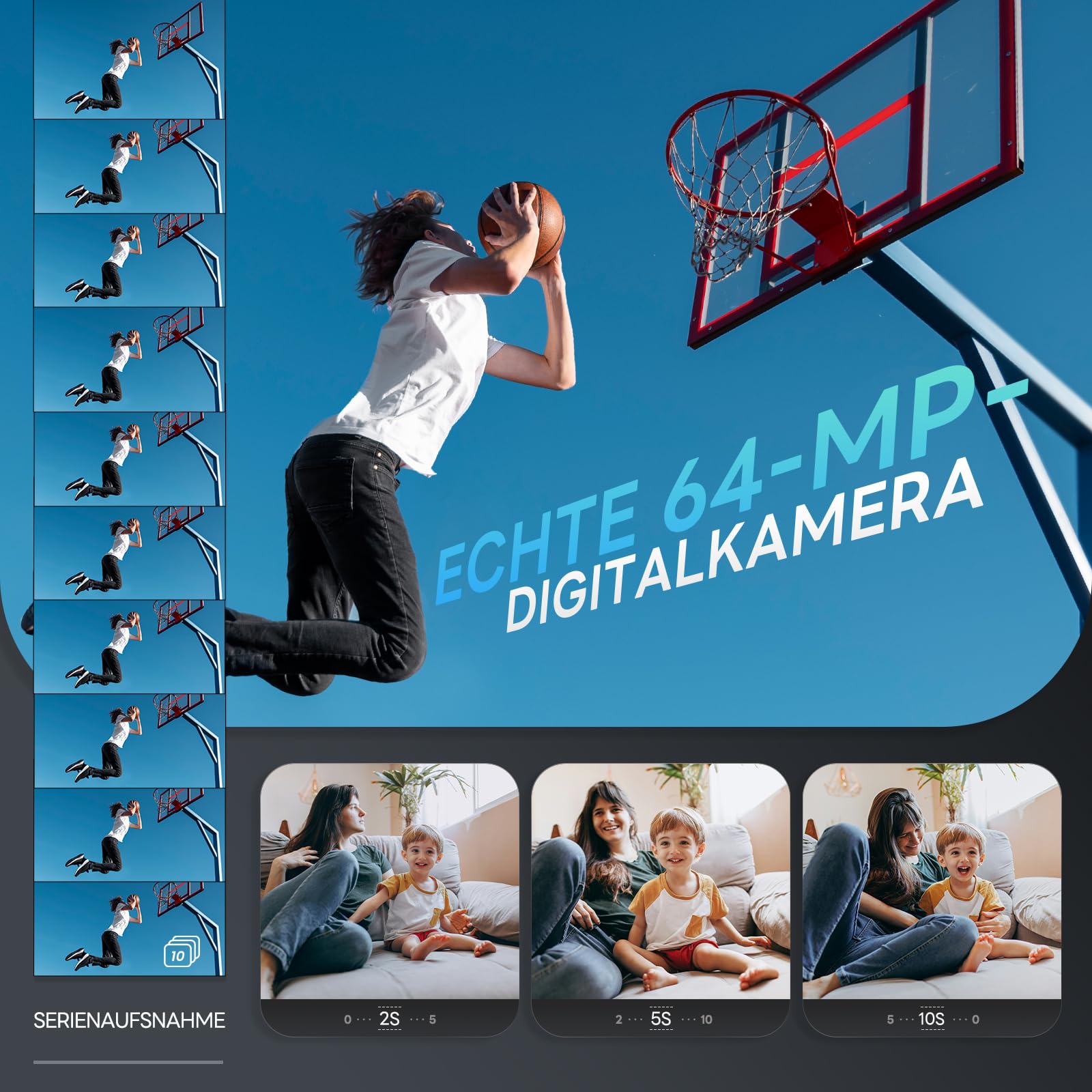 NBD 5K Digitalkamera 64MP, Autofokus, 16X Digitalzoom, Schwarz | 3 Zoll 180° Klappdisplay, WLAN, Weitwinkel/Makro, 2 Akkus, 64GB Karte, Vlogging, Reisen, Anfänger