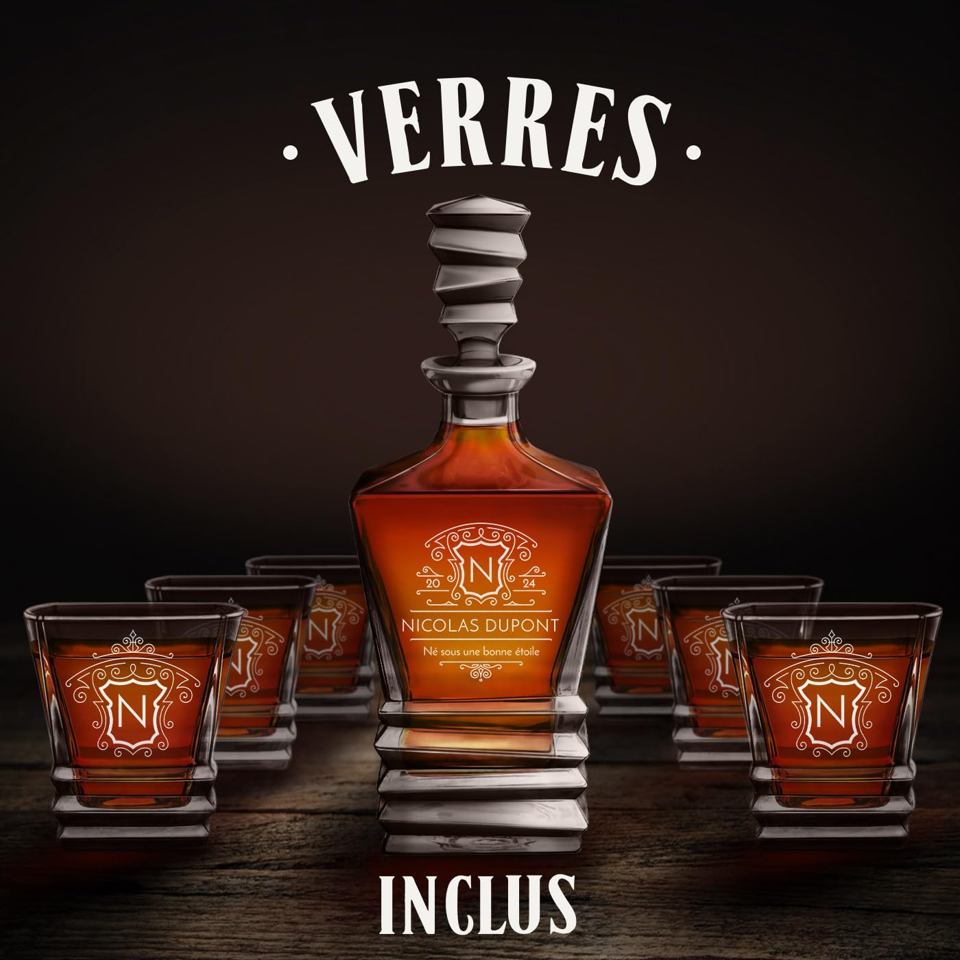 Maverton Décanteur à whisky avec 6 verres pour homme, Motif géométrique