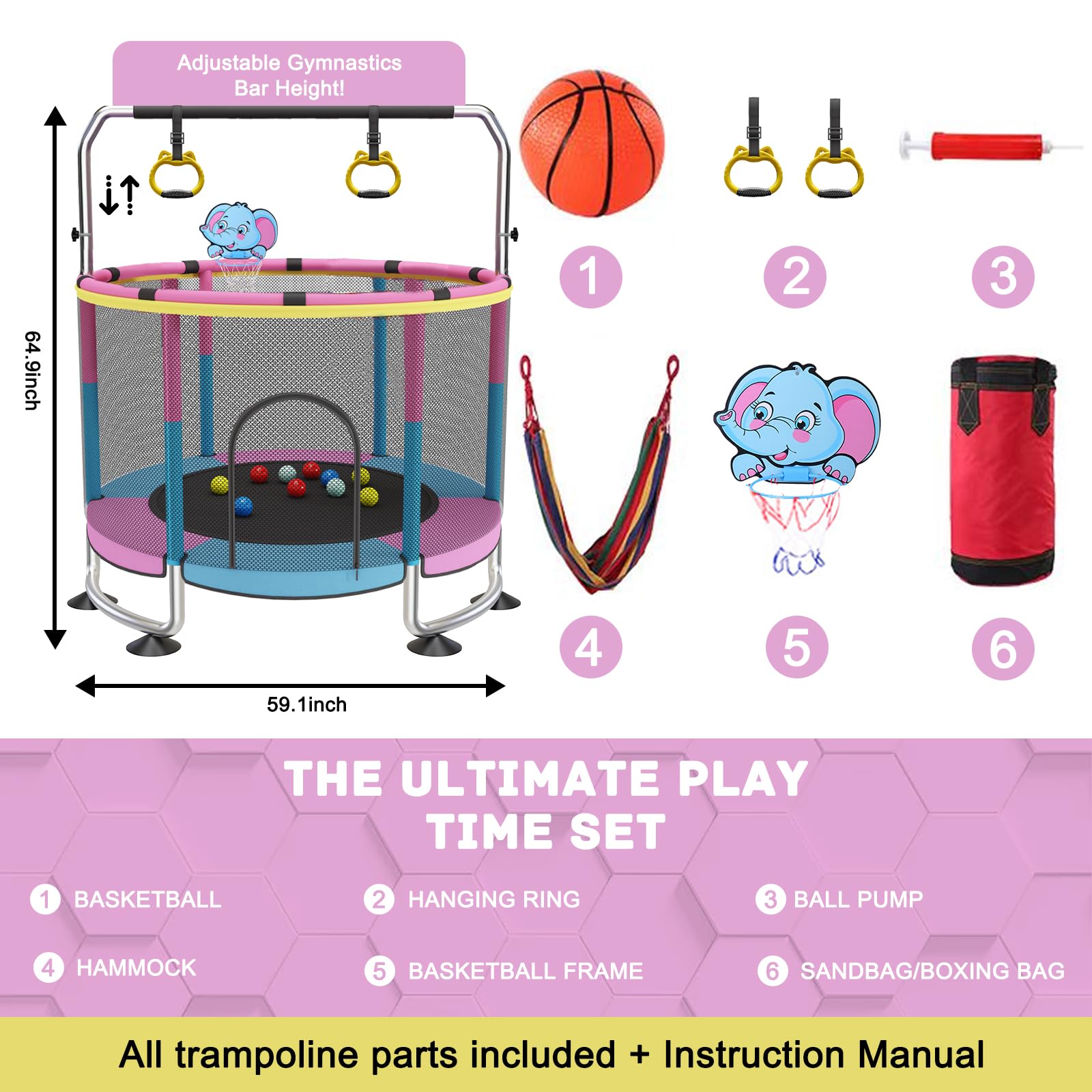 Trampolin Kinder, 150cm Kinder Trampolin Outdoor/Indoor, 200kg verstellbares,mit Basketballkorb und Gehäuse,Geschenke für Jungen und Mädchen Rosa
